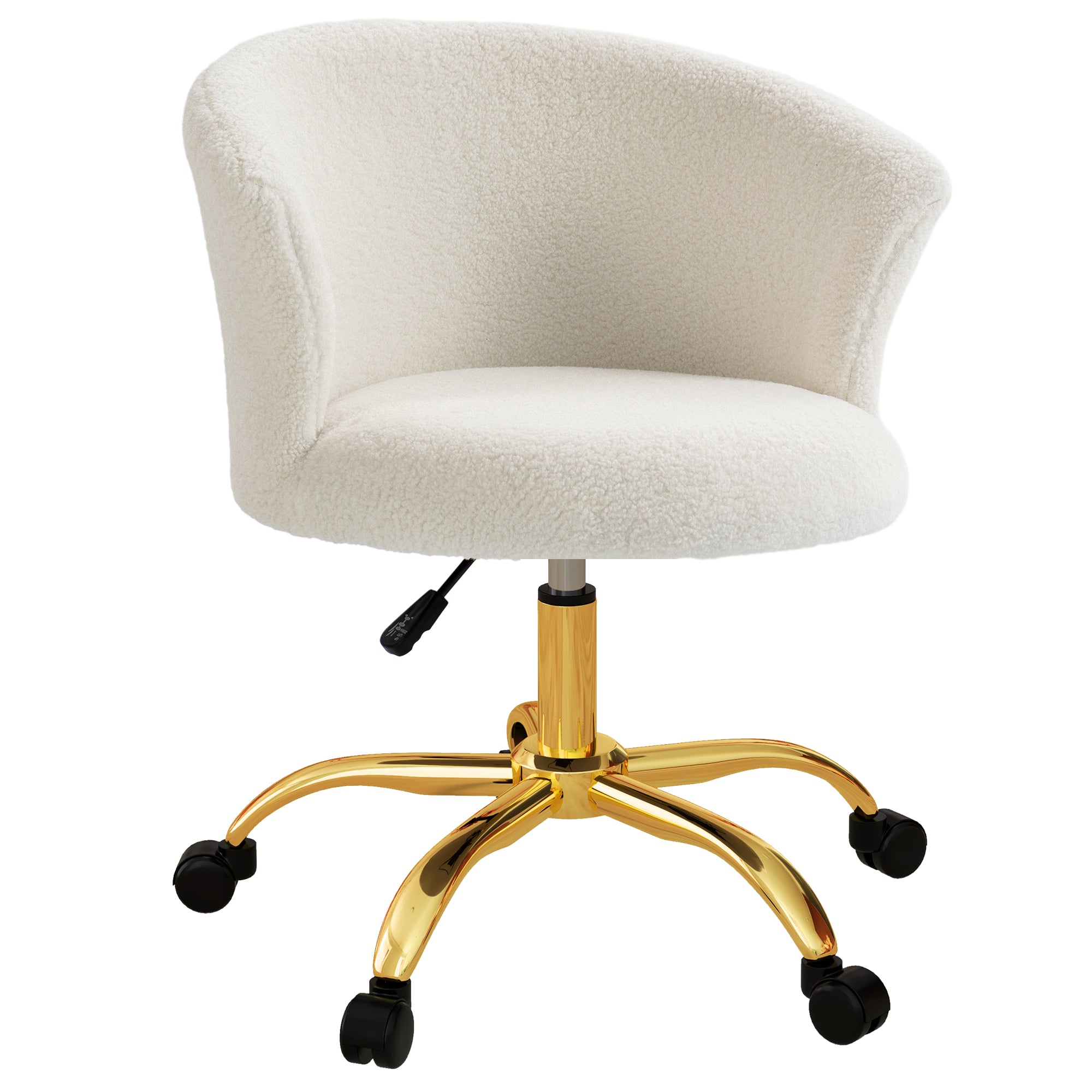 Teddy Fleece Ergonomic Office Chair, Vanity Chair, Swivel Chair with Adjustable Height, Padded Seat, and Golden Steel Base, for Office, Living Room, Bedroom, White
