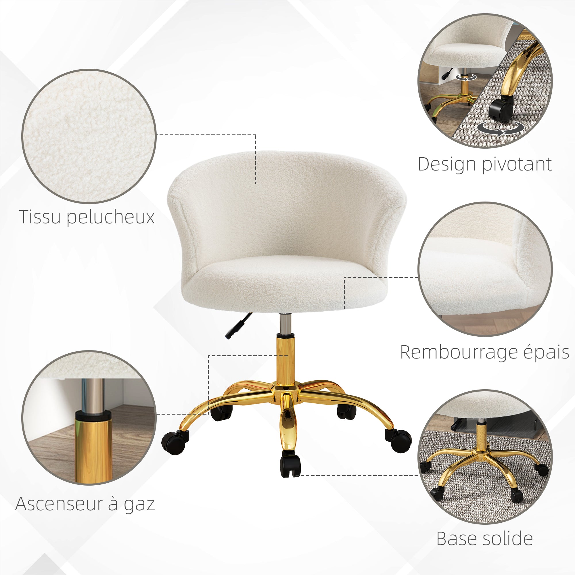 Teddy Fleece Ergonomic Office Chair, Vanity Chair, Swivel Chair with Adjustable Height, Padded Seat, and Golden Steel Base, for Office, Living Room, Bedroom, White