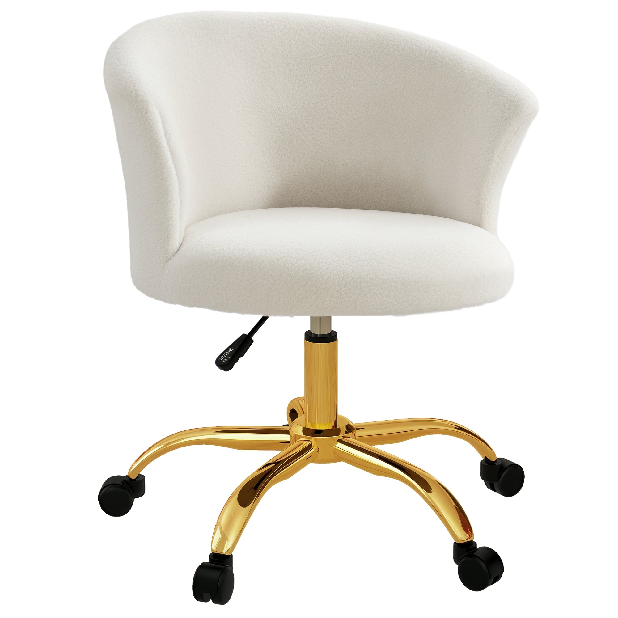 Teddy Fleece Ergonomic Office Chair, Vanity Chair, Swivel Chair with Adjustable Height, Padded Seat, and Golden Steel Base, for Office, Living Room, Bedroom, White