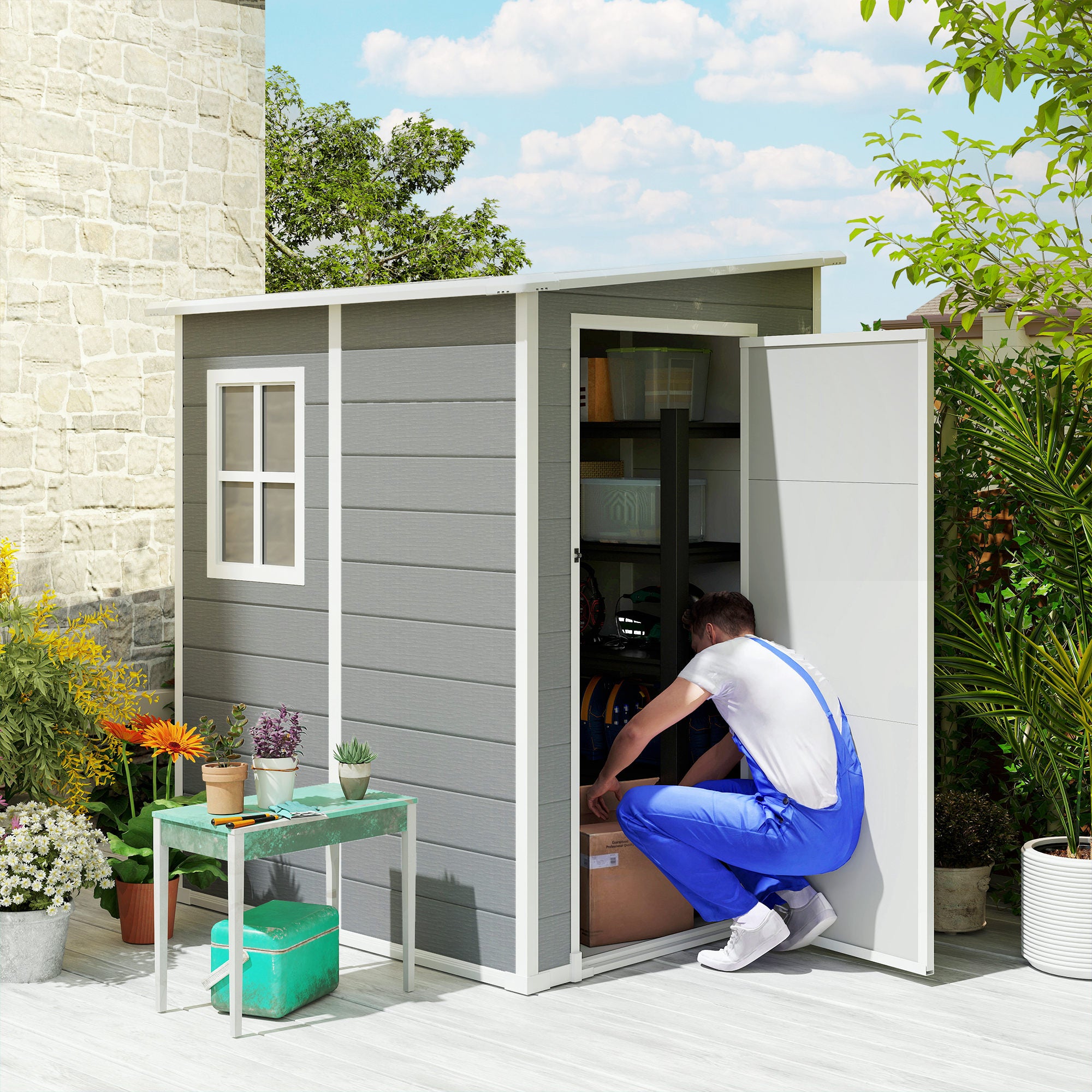 Tool Shed 1.54m³, Garden Shed with Pent Roof, Base 122 x 149 x 192/177 cm, Weatherproof Tool Shed with Lockable Door, Window, Plastic Garden Cabinet, for Backyard, Garden, Gray