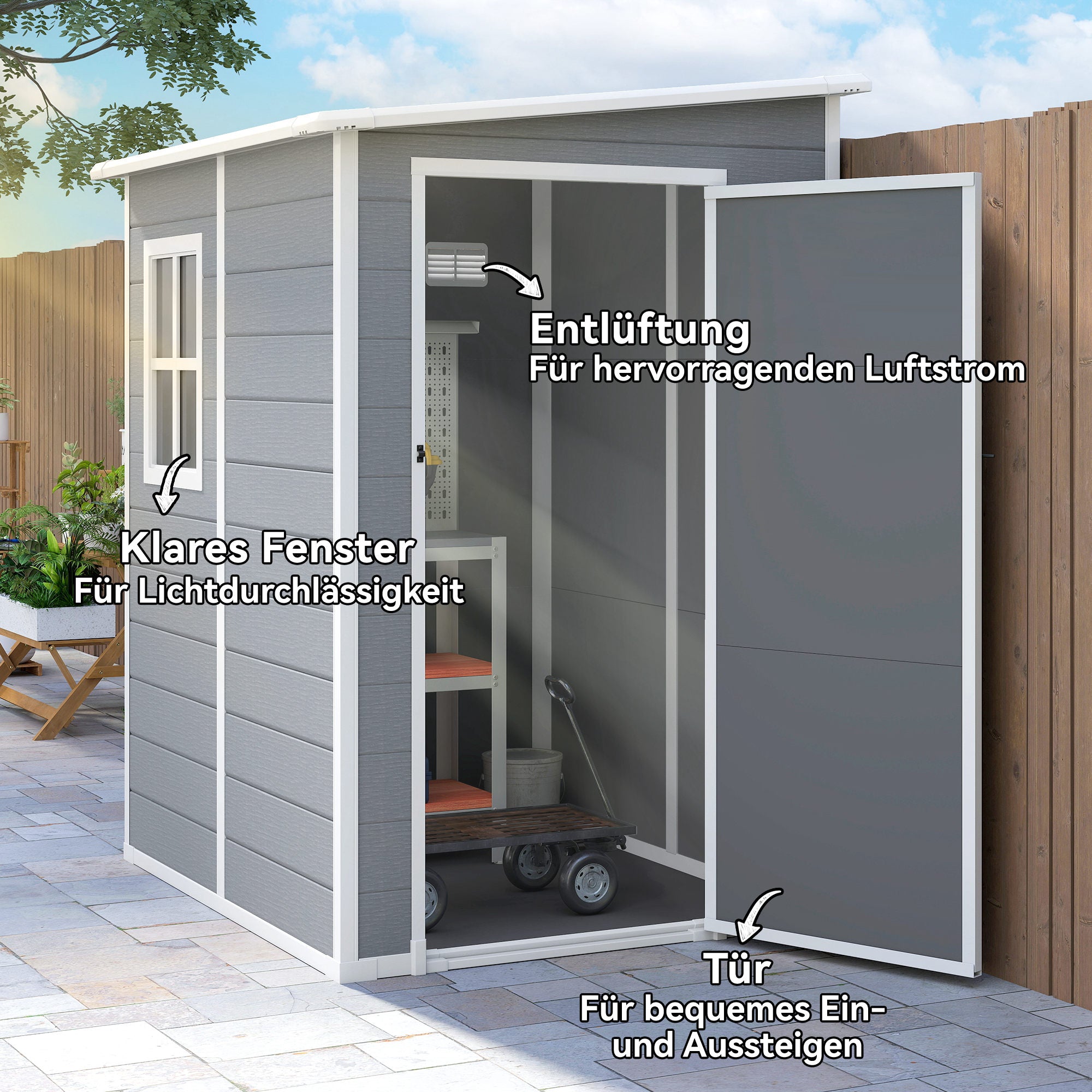 Tool Shed 1.54m³, Garden Shed with Pent Roof, Base 122 x 149 x 192/177 cm, Weatherproof Tool Shed with Lockable Door, Window, Plastic Garden Cabinet, for Backyard, Garden, Gray