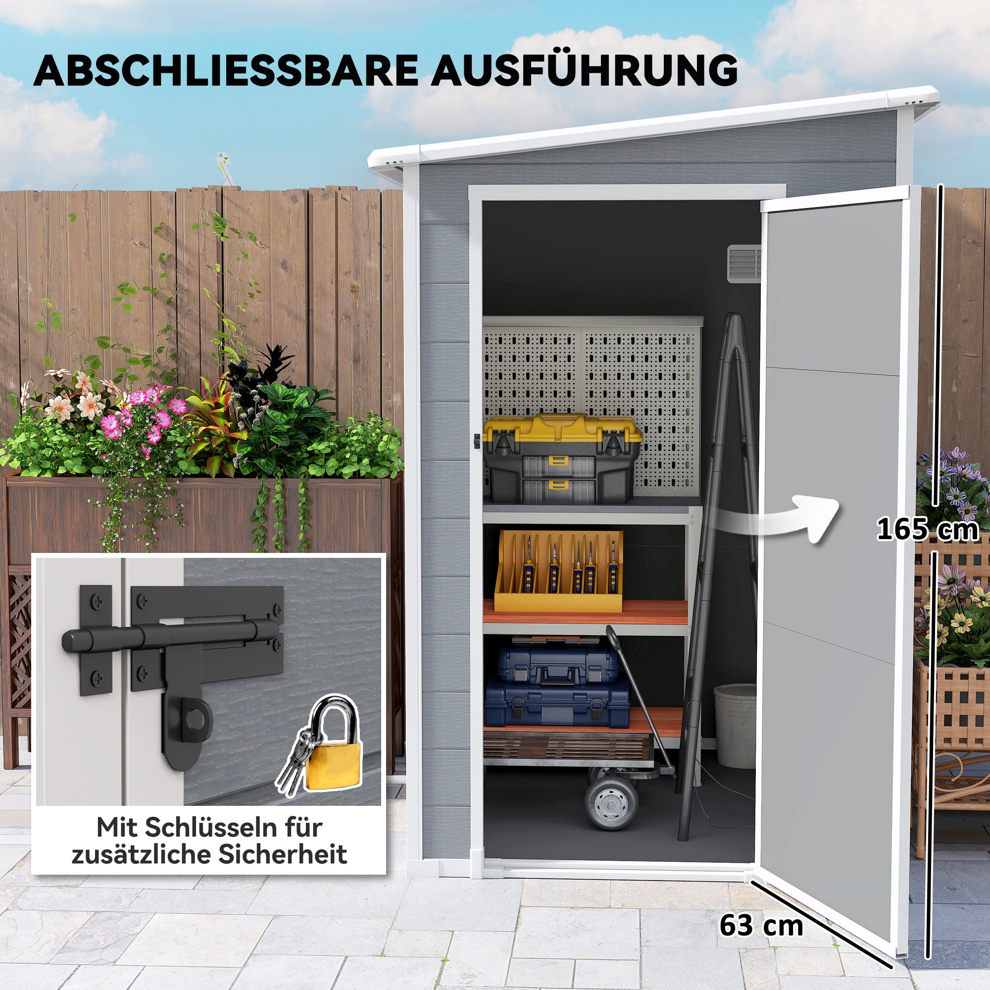 Tool Shed 1.54m³, Garden Shed with Pent Roof, Base 122 x 149 x 192/177 cm, Weatherproof Tool Shed with Lockable Door, Window, Plastic Garden Cabinet, for Backyard, Garden, Gray