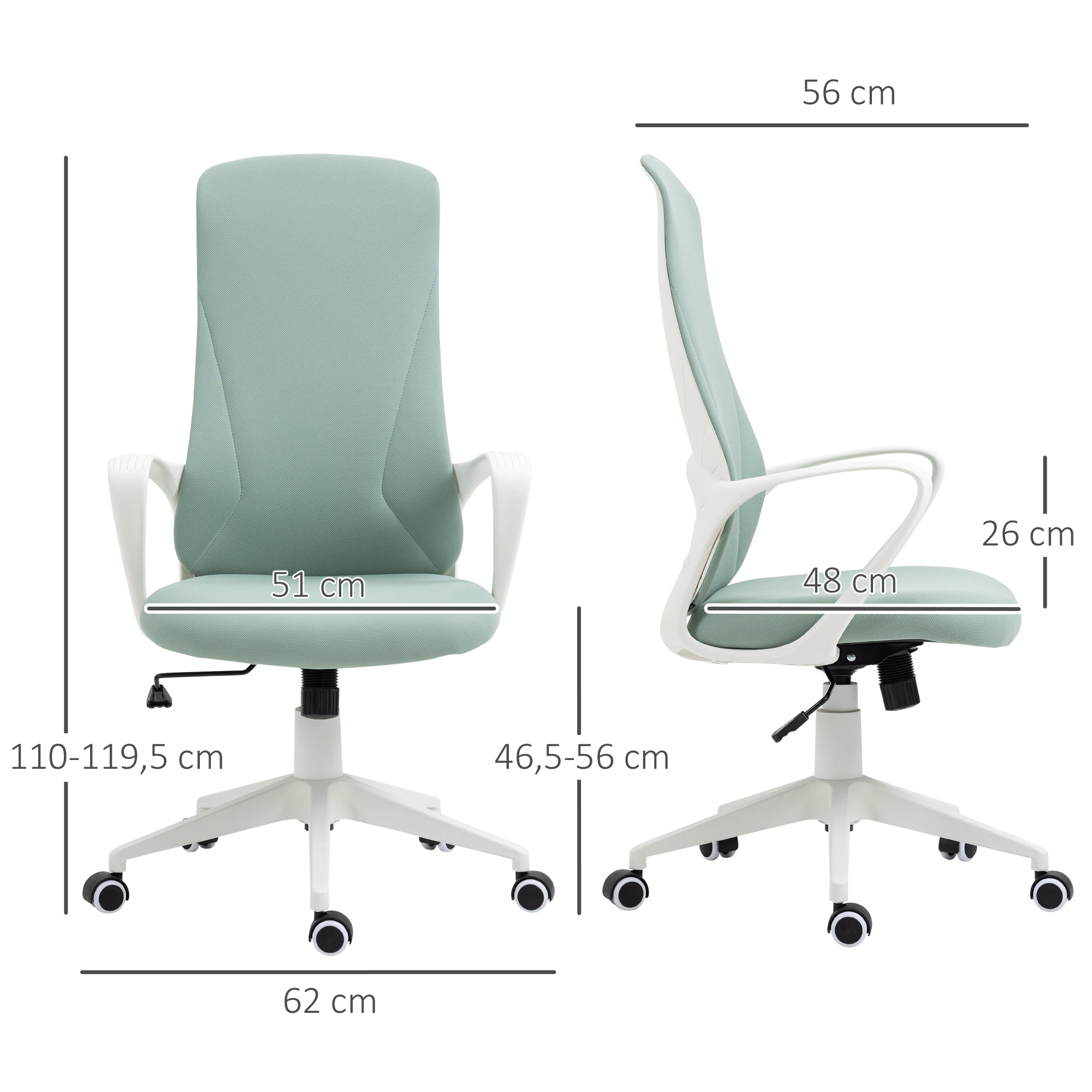 Swivel Office Chair Youth Desk Chair with Adjustable Height Tilt Function Armrests and High Back 62x56x110-119.5 cm Green