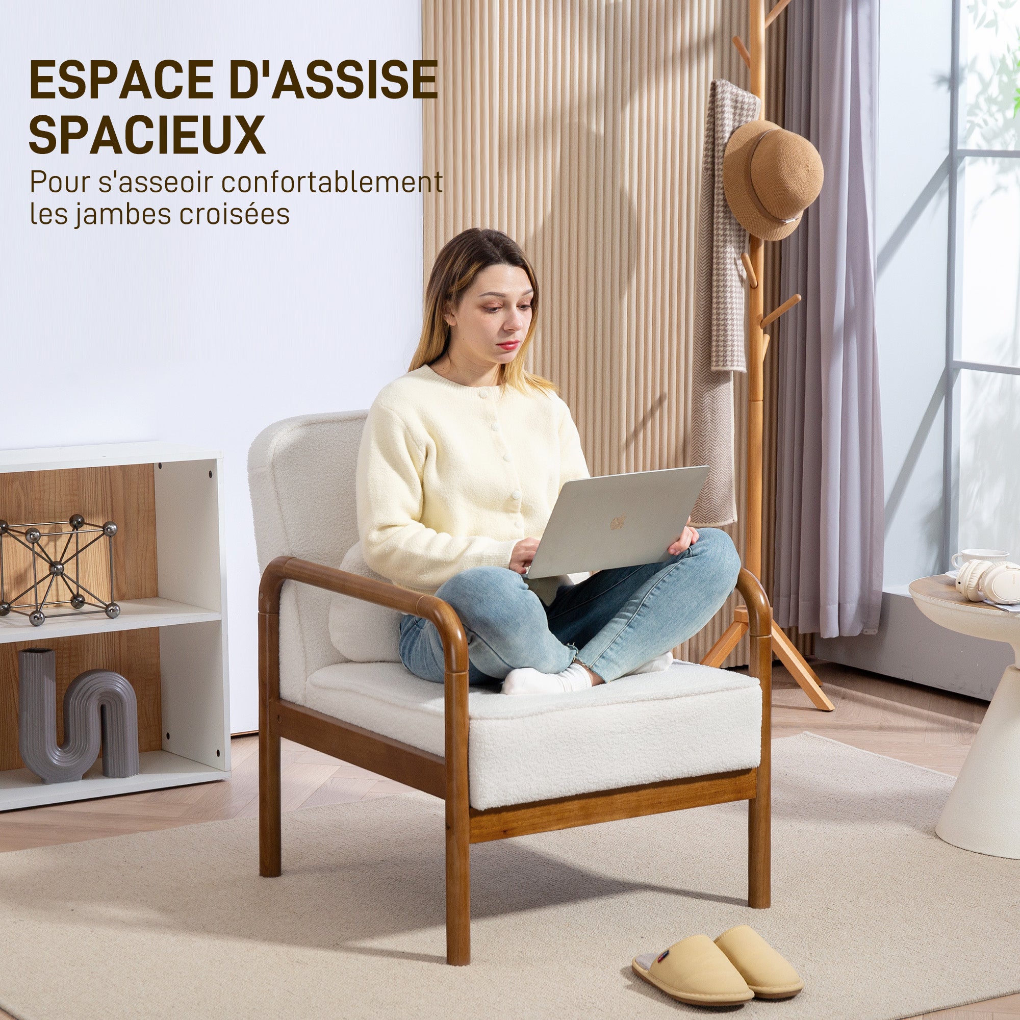 Loop Fabric Lounge Chair, Modern Relax Chair with Cushion and Rubber Wood Frame, Chair for Bedroom, Living Room, Dining Room, White