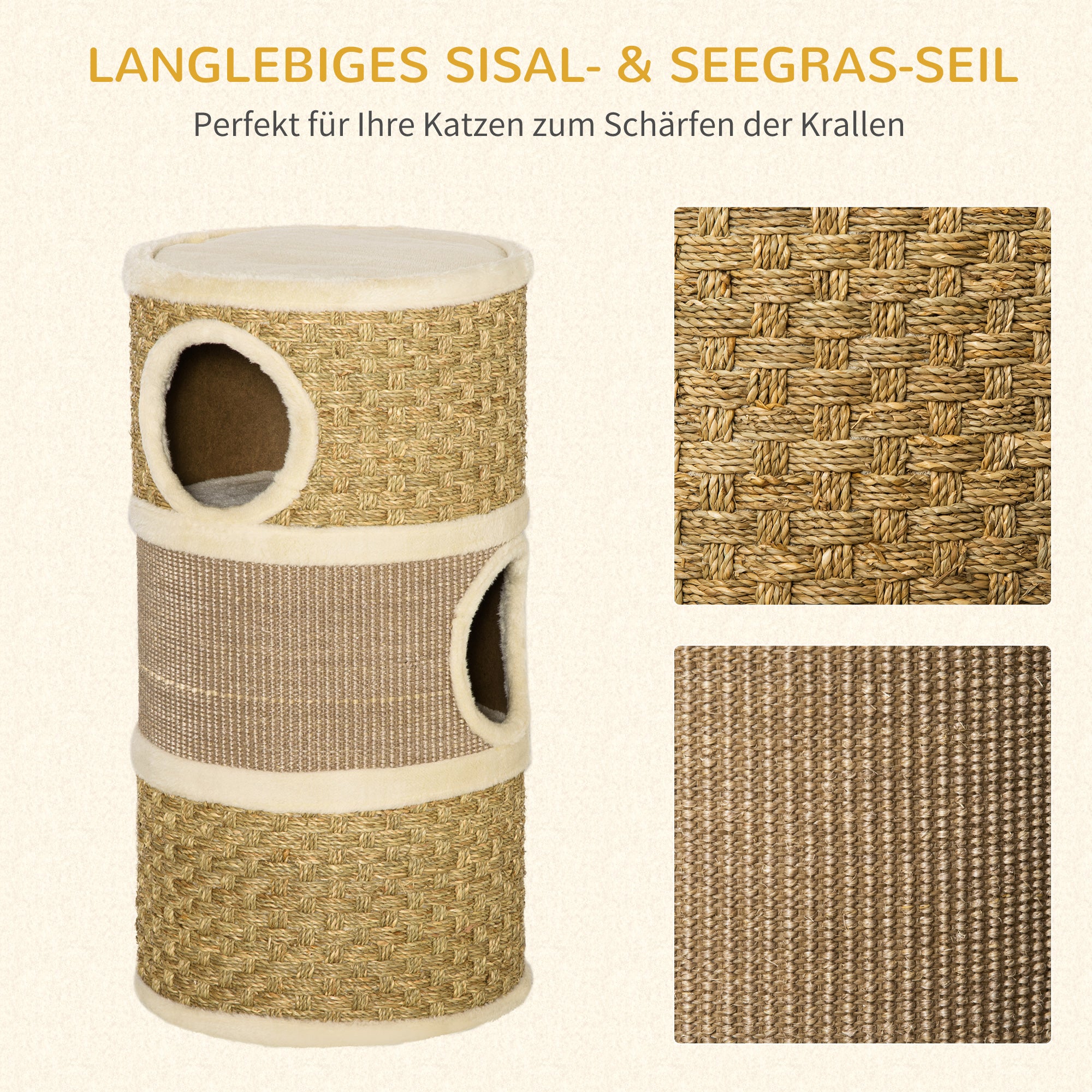 Scratching Barrel 70 cm High Ø 37.5 cm Three-story Cat Barrel with Sisal Rope, Cat Cave, Scratching Post for Small Cats, Khaki+Coffee