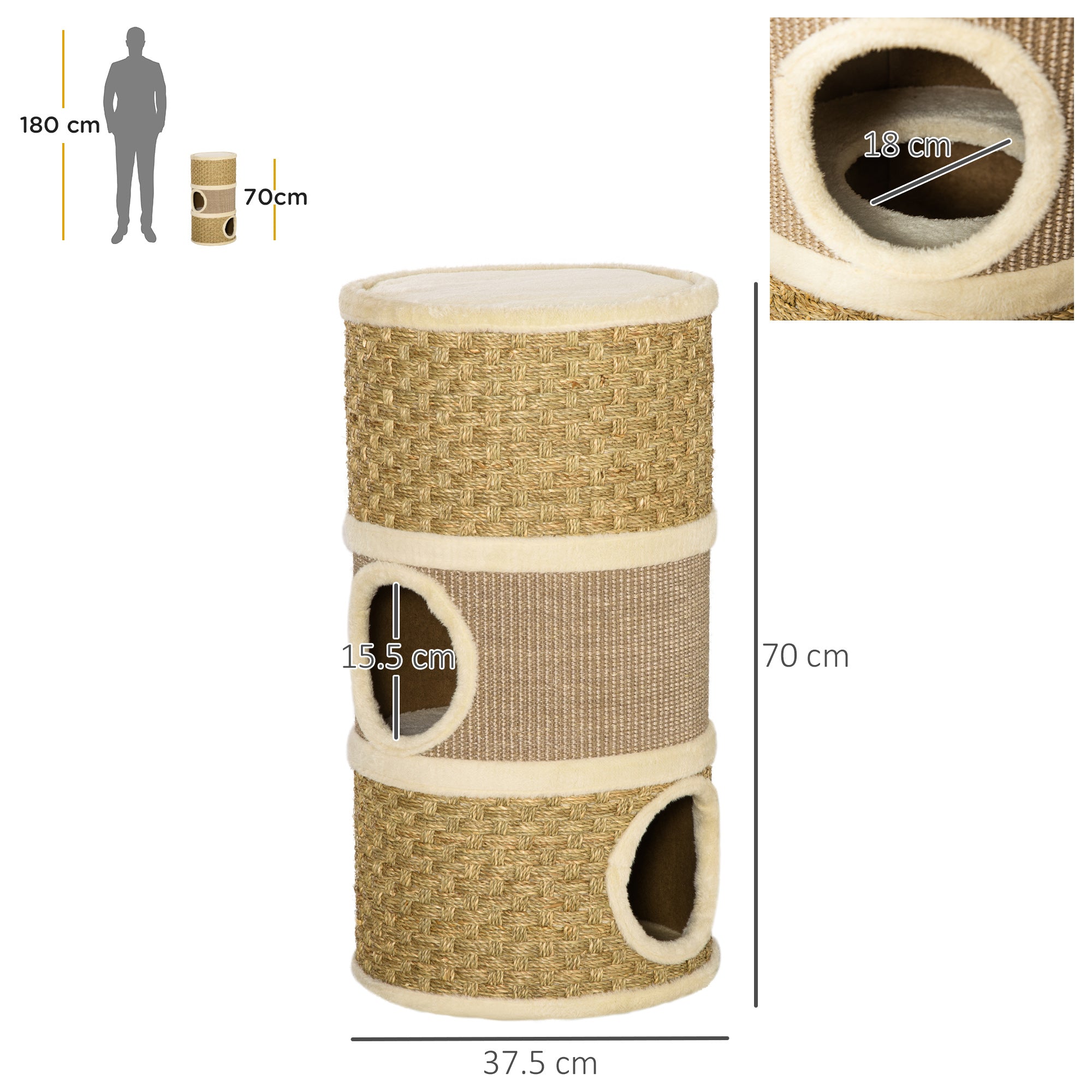Scratching Barrel 70 cm High Ø 37.5 cm Three-story Cat Barrel with Sisal Rope, Cat Cave, Scratching Post for Small Cats, Khaki+Coffee