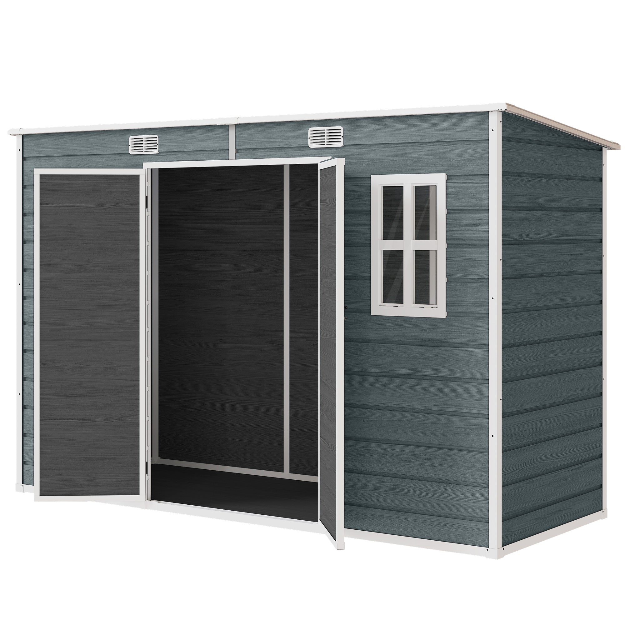Garden Shed 3.2 m² (34.5 ft²), 303×123×197 cm (9'11" x 4'0" x 6'6") — Plastic Storage Shed with Windows, Double Doors, Lockable Vent, Wood-Look Floor (Gray)