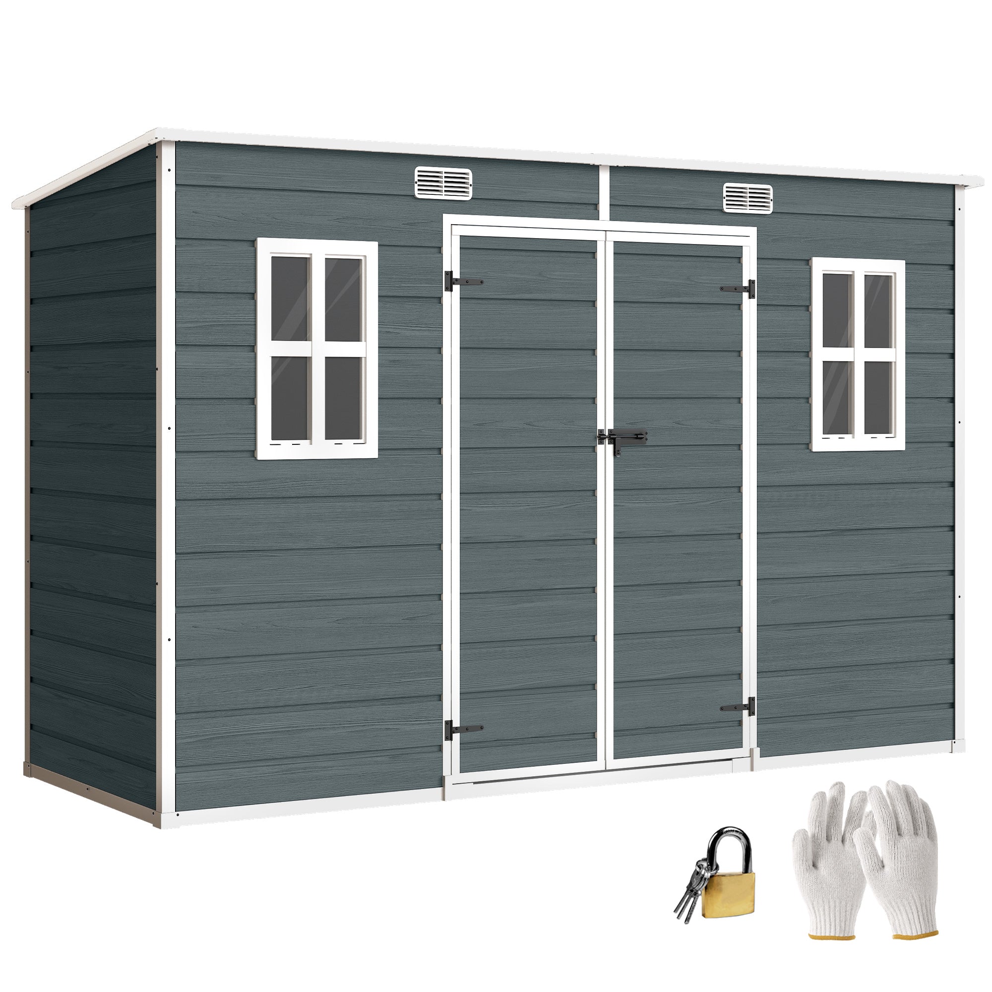 Garden Shed 3.2 m² (34.5 ft²), 303×123×197 cm (9'11" x 4'0" x 6'6") — Plastic Storage Shed with Windows, Double Doors, Lockable Vent, Wood-Look Floor (Gray)