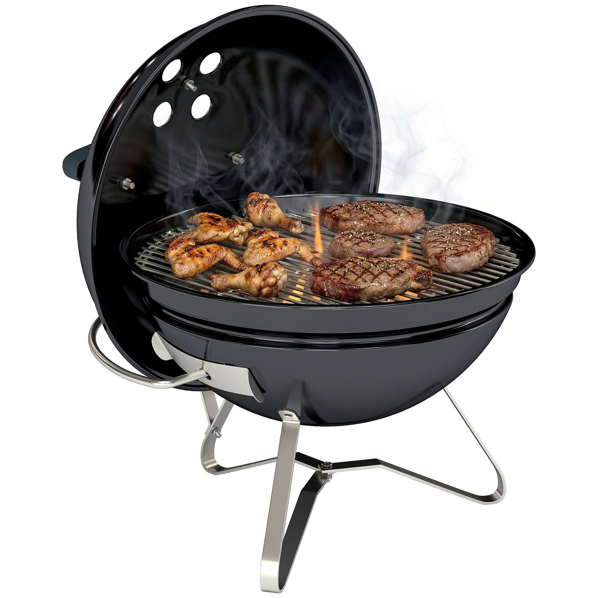 Portable Charcoal Grill, Round Charcoal Barbecue with Lid Stand, Cooking Grate, Adjustable Vents, for Balcony, Picnic, Camping, Ø41 x 44 cm, Black
