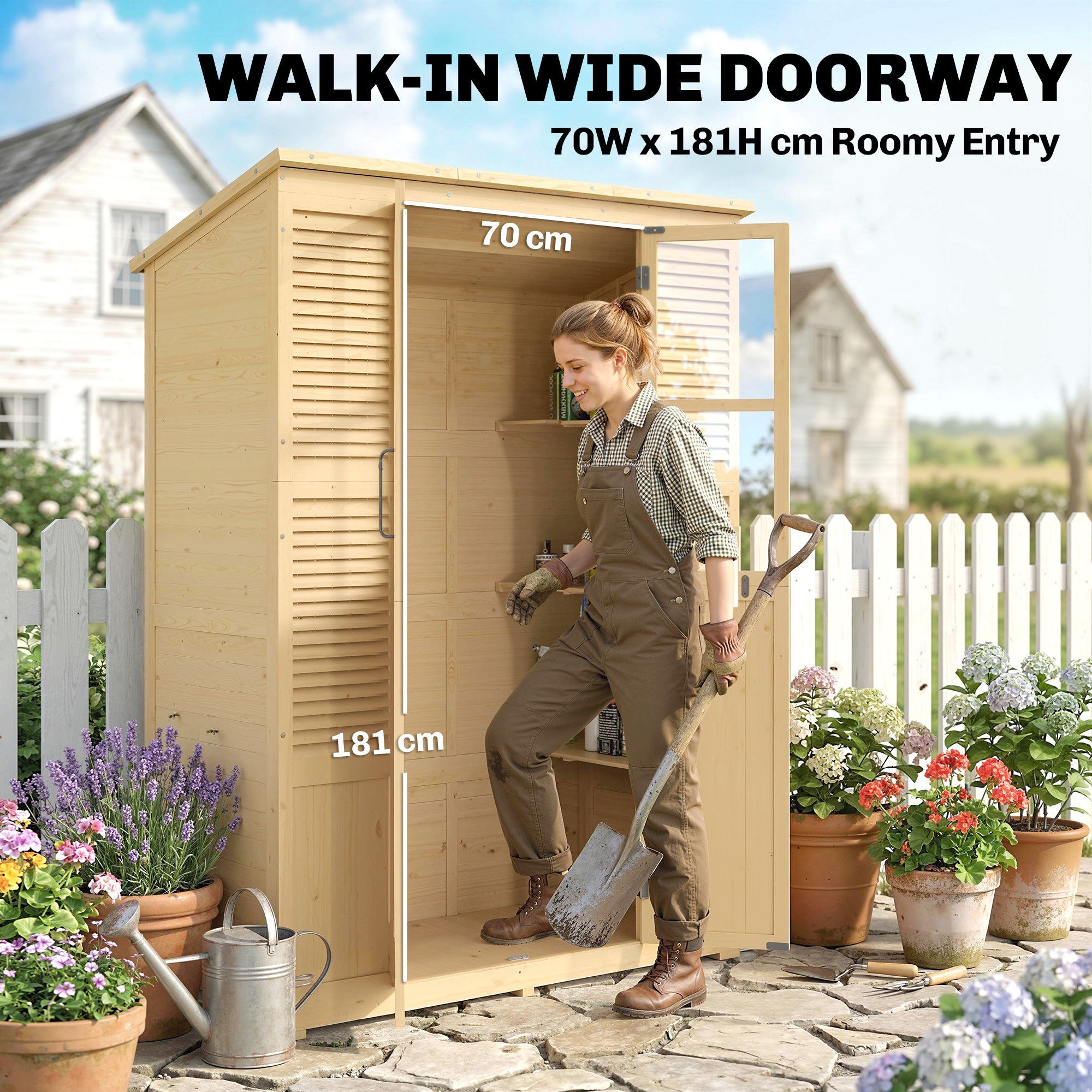 Walk-In Fir Wood Garden Shed with Asphalt Sloped Roof, 4 Windows, 6 Shelves, Ventilation & Anti-Tip Kit — 57.9 x 26.8 x 78.0 in (147 x 68 x 198 cm), Natural Wood