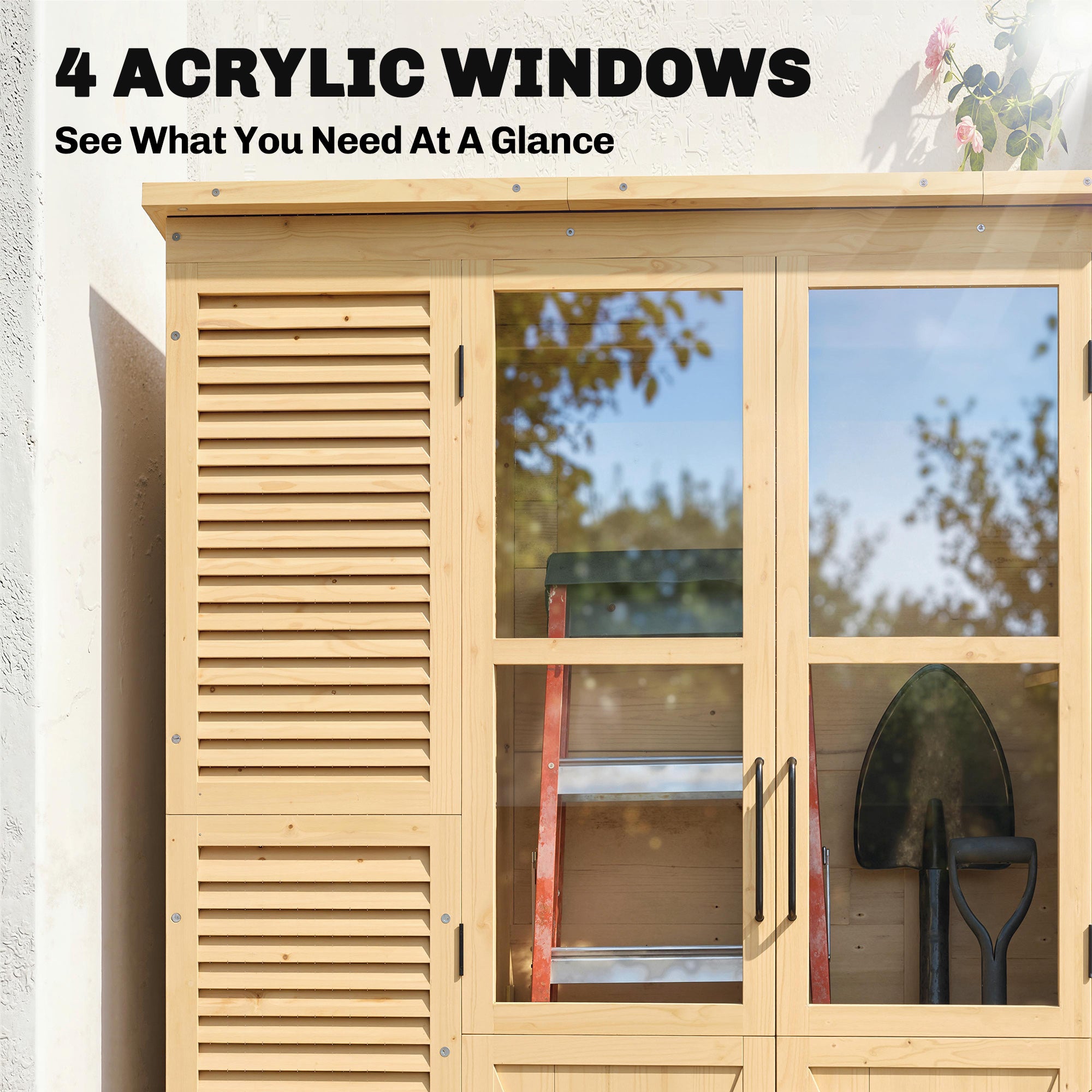 Walk-In Fir Wood Garden Shed with Asphalt Sloped Roof, 4 Windows, 6 Shelves, Ventilation & Anti-Tip Kit — 57.9 x 26.8 x 78.0 in (147 x 68 x 198 cm), Natural Wood