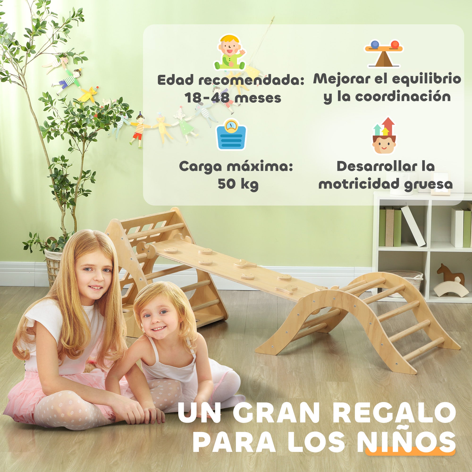 8-in-1 Natural Wood Climbing Triangle for Kids aged 18-48 Months with Climbing Arch Staircase and Sandbag 175x59.5 cm