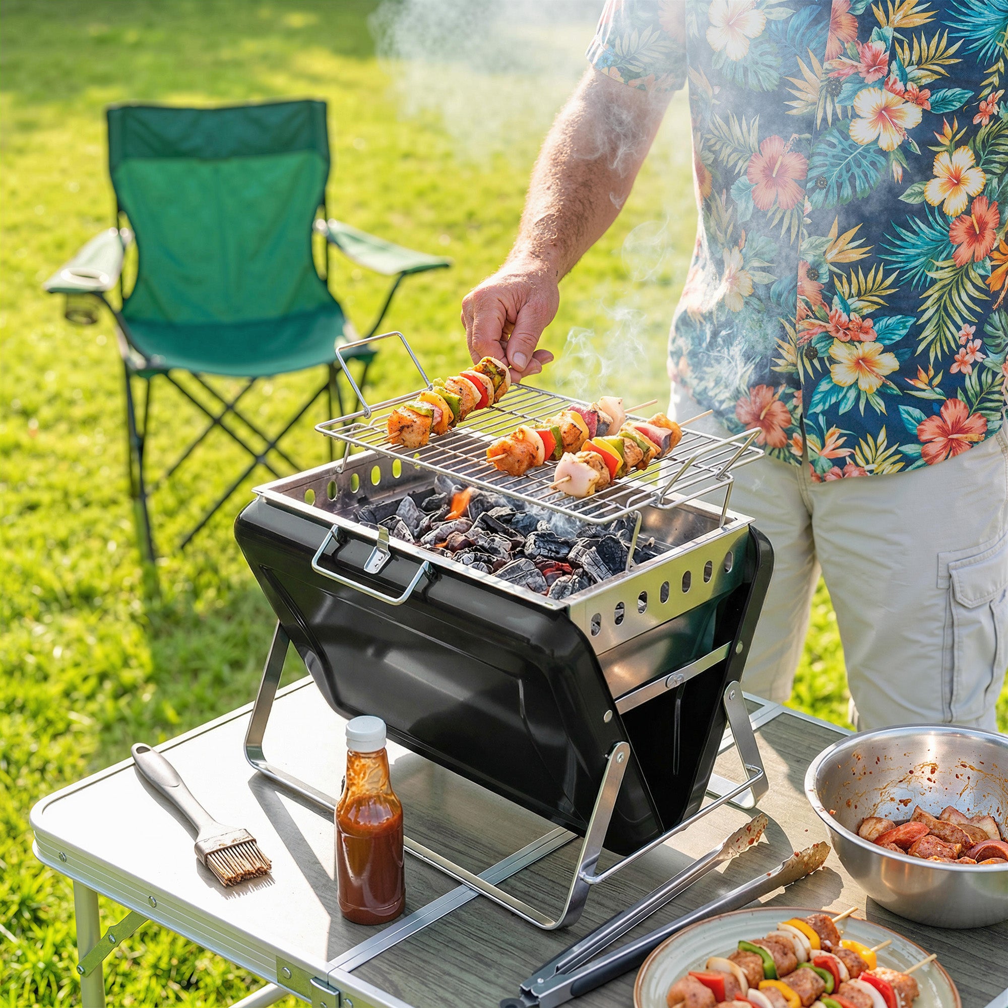 Stainless Steel Charcoal BBQ Smoker with Cooking Grate — Portable Carry Handle, Folding Legs, Charcoal Stand Grill for Barbecue, Camping, Patio & Garden, 15.7 x 11.0 x 10.0 in, Black