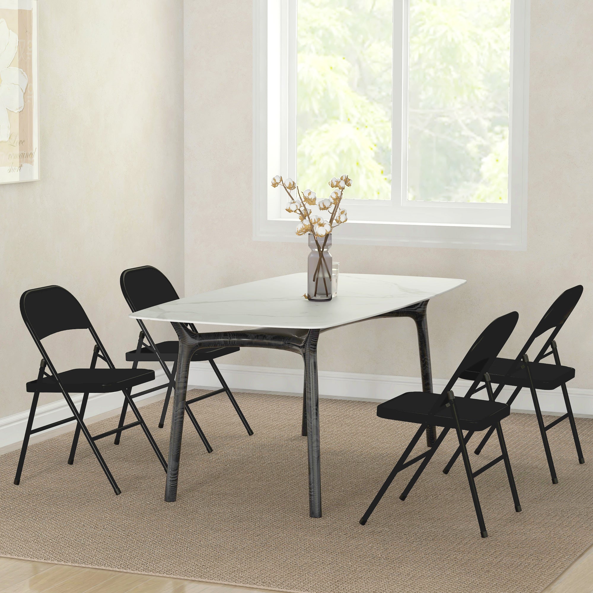 Set of 4 Folding Chairs with Padded Seat, Modern Space-Saving Chairs with Polyester Cushion for Home and Office, Black