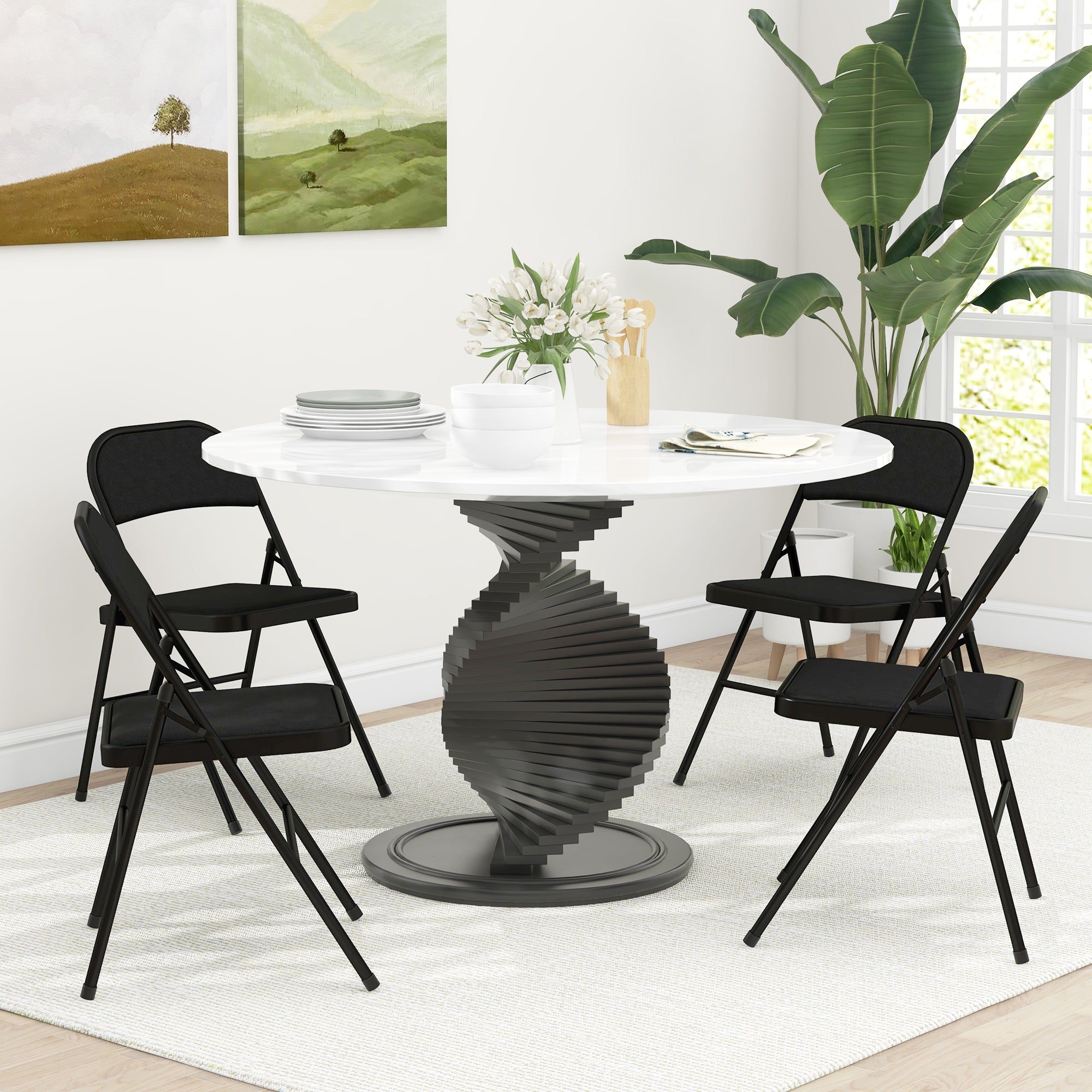 Set of 4 Folding Chairs with Padded Seat, Modern Space-Saving Chairs with Polyester Cushion for Home and Office, Black