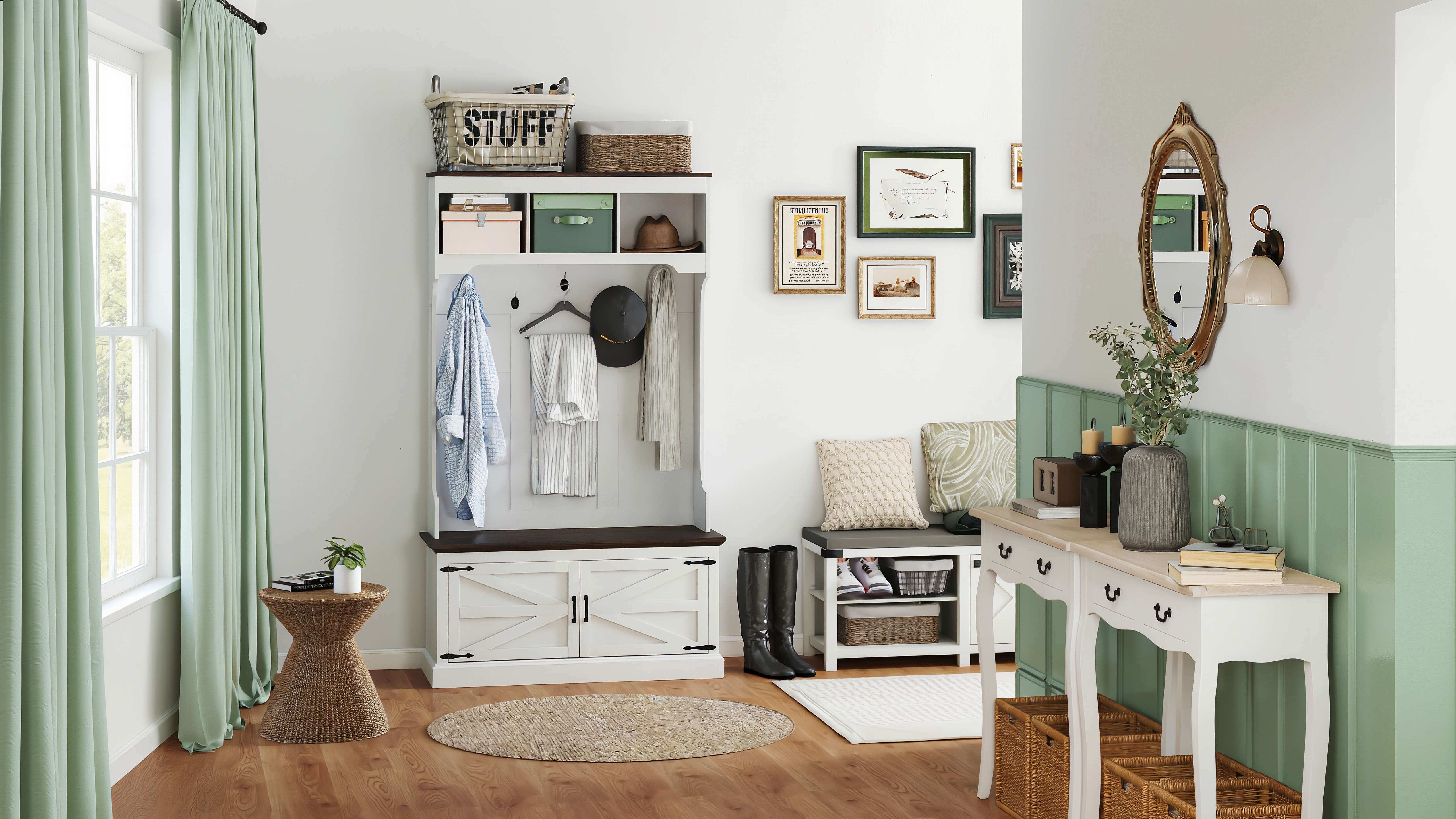 Nestled corner of a home with a white dresser, bench, and various decor items.