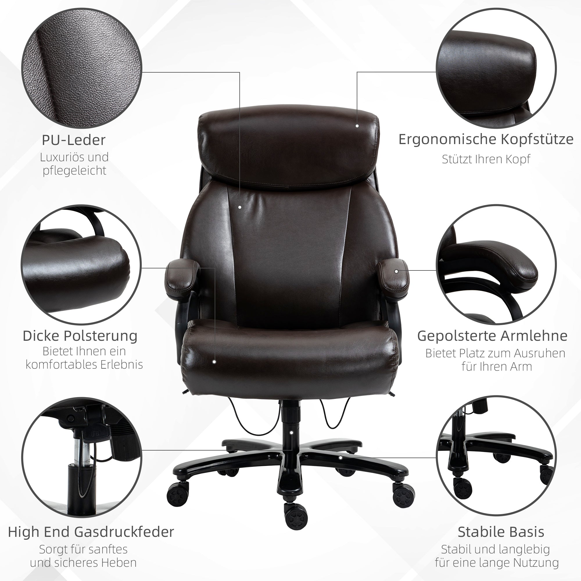 Office Chair Executive Gaming Chair Swivel Chair Rocking Function Thick Padding 180 kg Capacity Ergonomic Design Height Adjustable Faux Leather Brown 72x83x114-122 cm