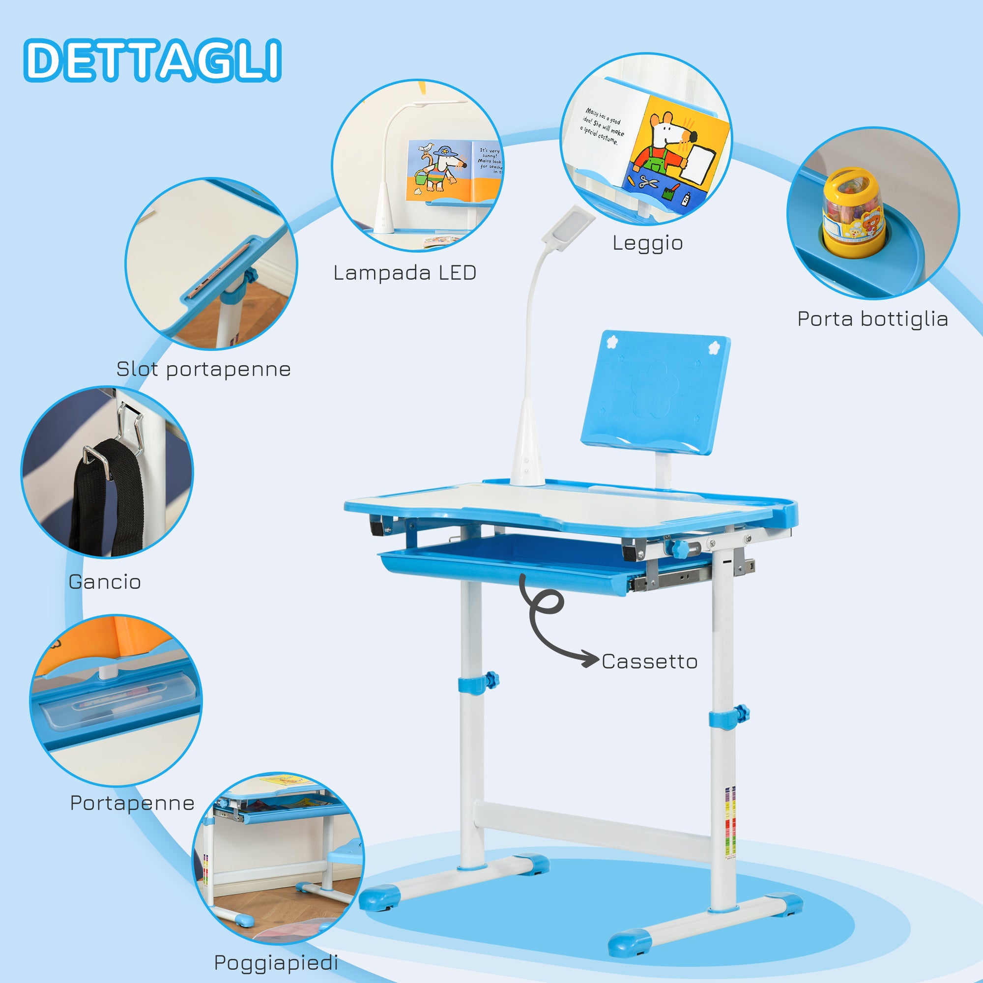 School Desk with Chair for Kids 6-12 Years Adjustable Height, 45° Tilt Table, and LED Lamp, Steel and MDF, Blue