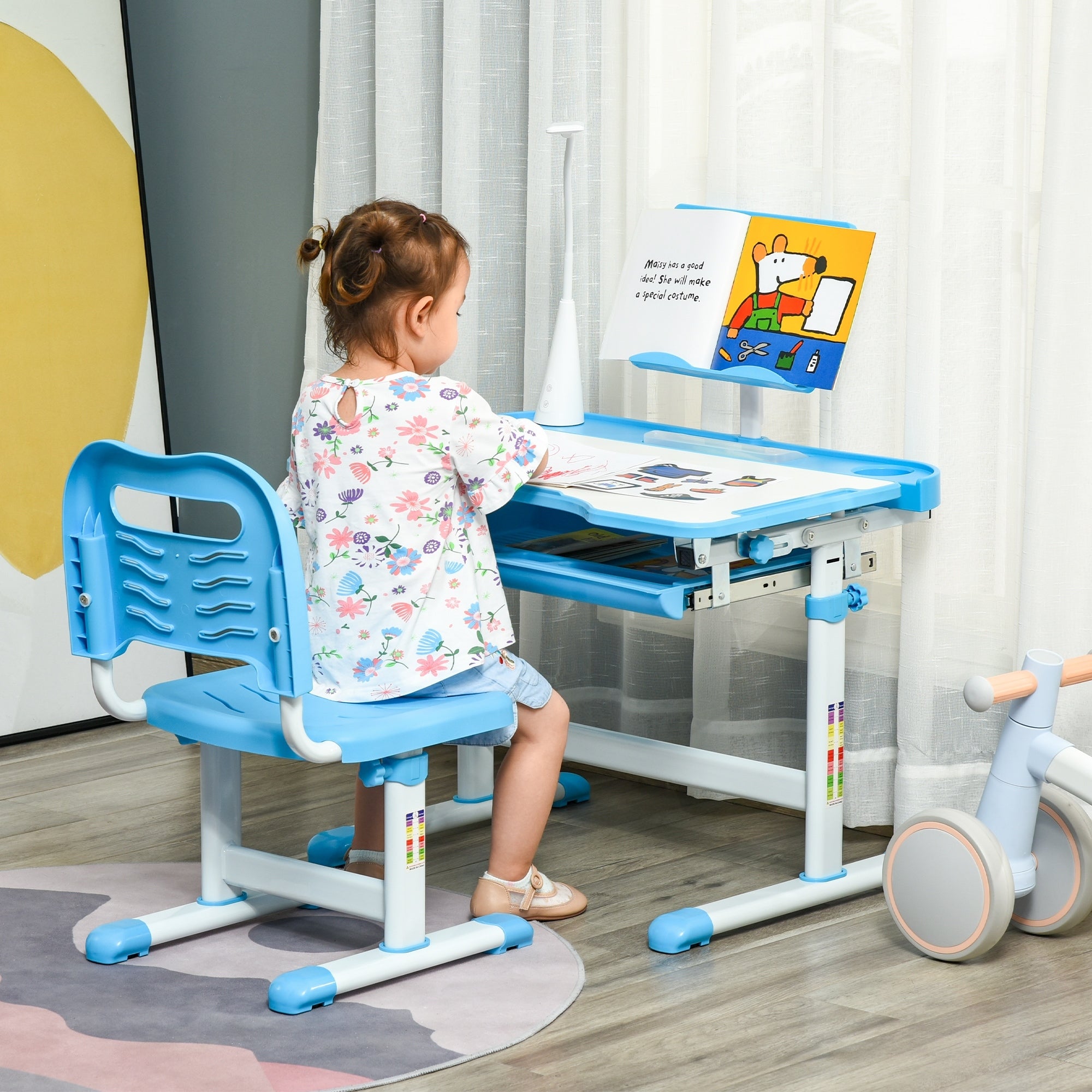 School Desk with Chair for Kids 6-12 Years Adjustable Height, 45° Tilt Table, and LED Lamp, Steel and MDF, Blue