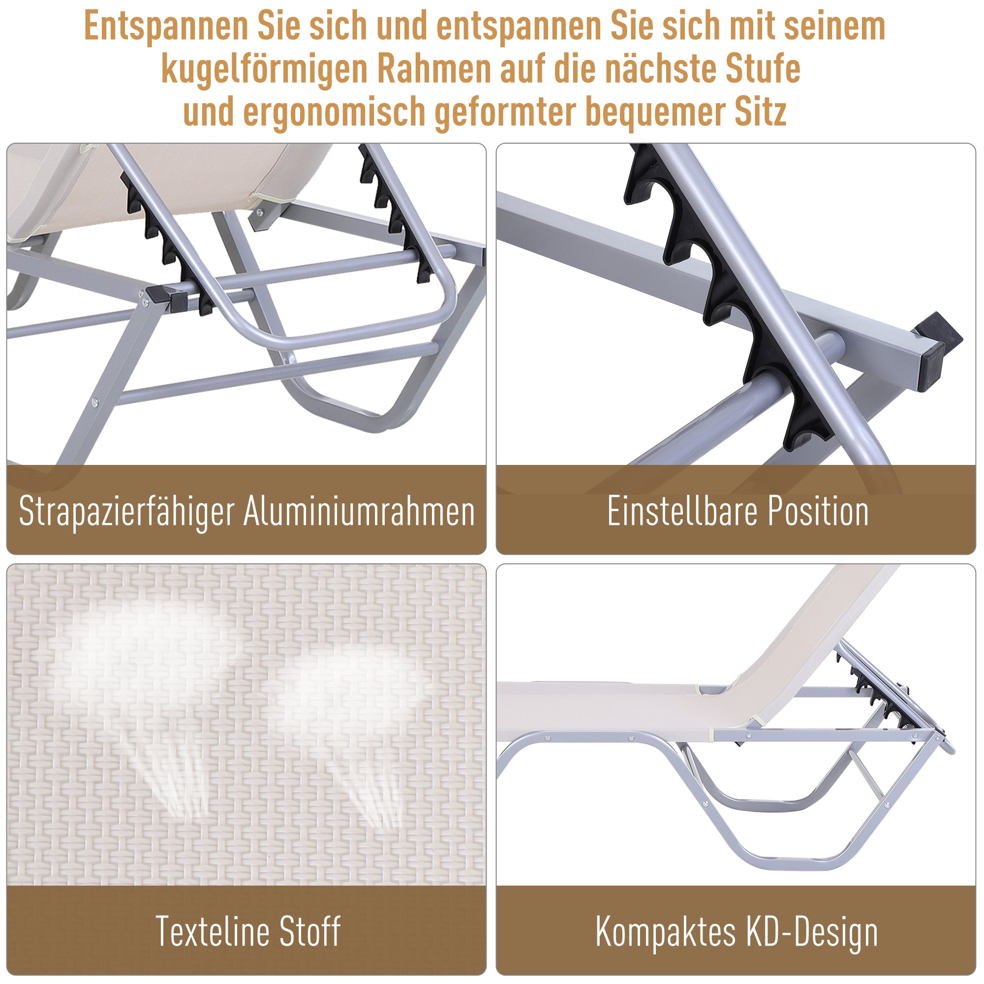 Sun Lounger Beach Chair 5-Position Aluminum Garden Lounge Chair Textilene Beige 163 x 58.5 x 91 cm