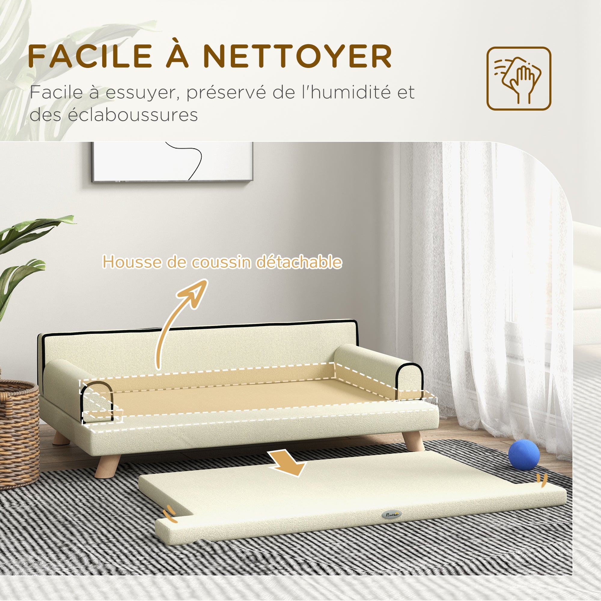 Scandinavian Design Sofa Bed for Dogs and Cats with Fluffy Removable Cushion Solid Wood Legs 100 x 62 x 32 cm Beige