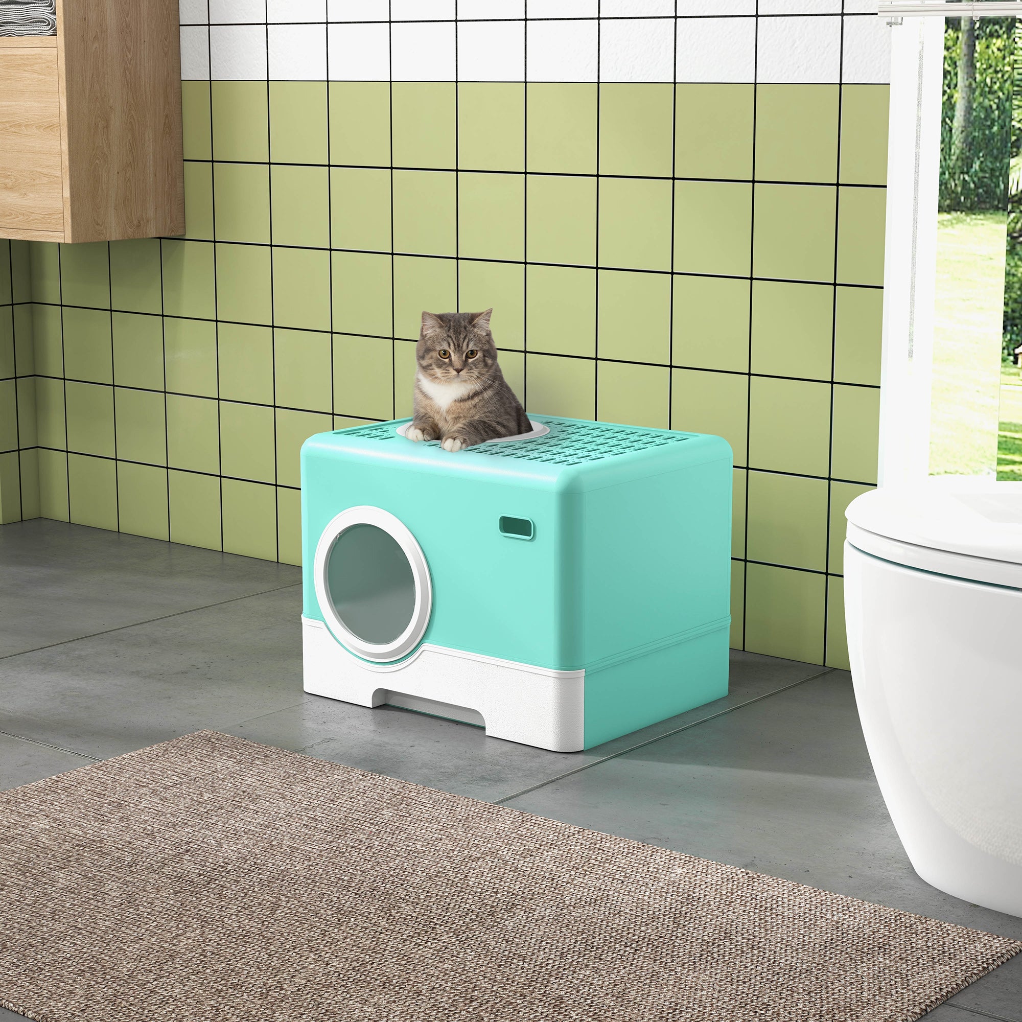 Cat Litter Box Pet Toilet with Scoop Removable Tray 2 Doors Main Entrance and Top Exit 52x41x38.5 cm Green