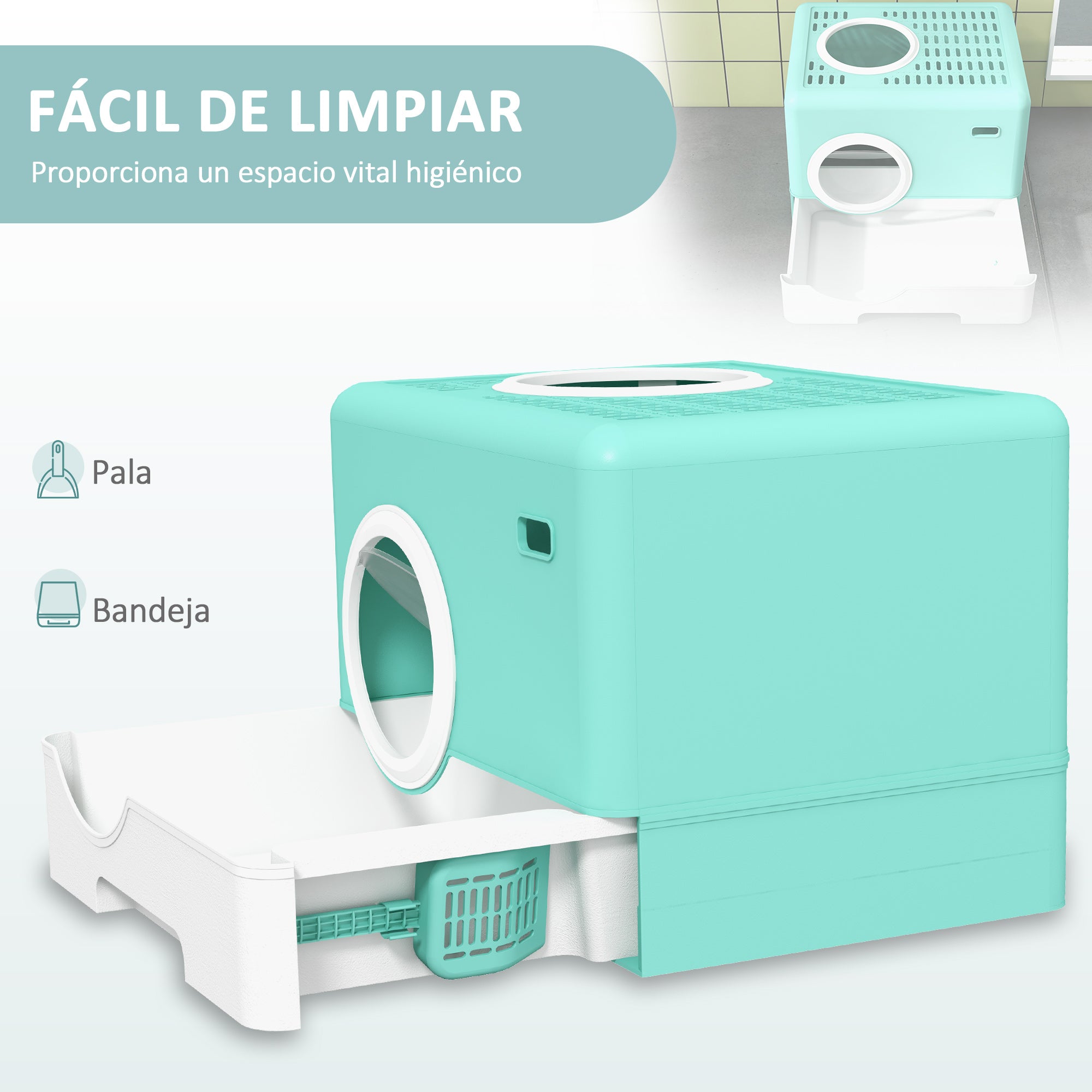 Cat Litter Box Pet Toilet with Scoop Removable Tray 2 Doors Main Entrance and Top Exit 52x41x38.5 cm Green