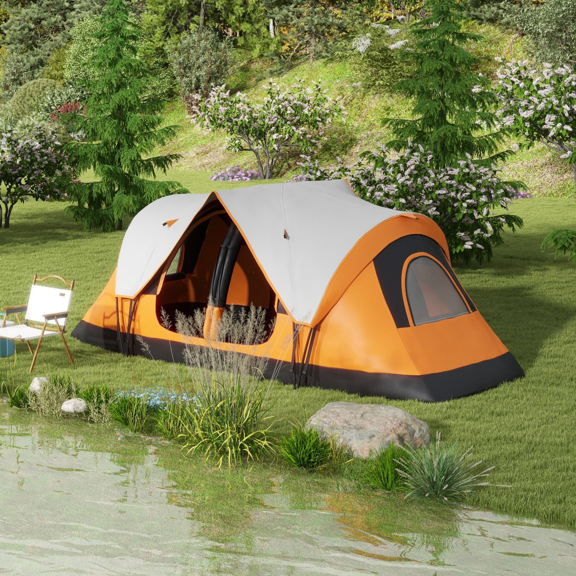 Camping Tent, Tunnel Tent for 6-8 Persons, with Light Hook, Mesh Windows, 2 Rooms Windproof Family Tent with Carrying Bag, 2000mm Waterproof Group Tent for Camping, Garden, Orange