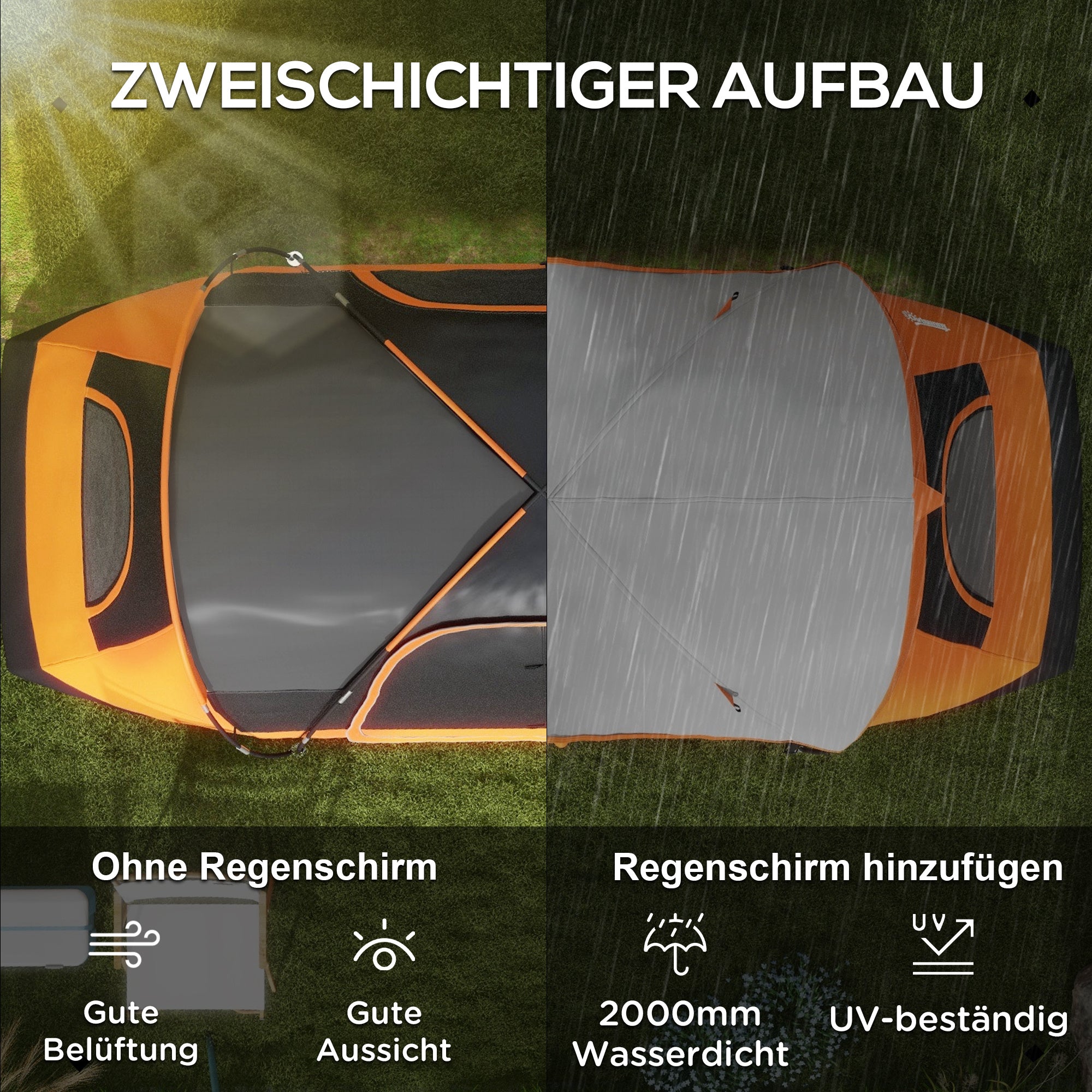 Camping Tent, Tunnel Tent for 6-8 Persons, with Light Hook, Mesh Windows, 2 Rooms Windproof Family Tent with Carrying Bag, 2000mm Waterproof Group Tent for Camping, Garden, Orange