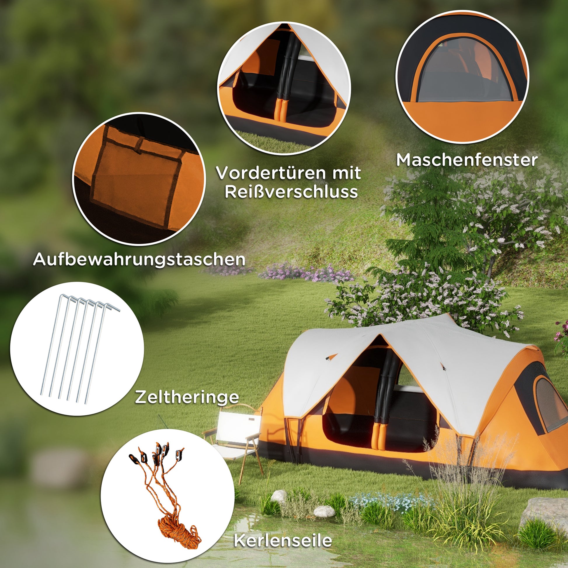 Camping Tent, Tunnel Tent for 6-8 Persons, with Light Hook, Mesh Windows, 2 Rooms Windproof Family Tent with Carrying Bag, 2000mm Waterproof Group Tent for Camping, Garden, Orange