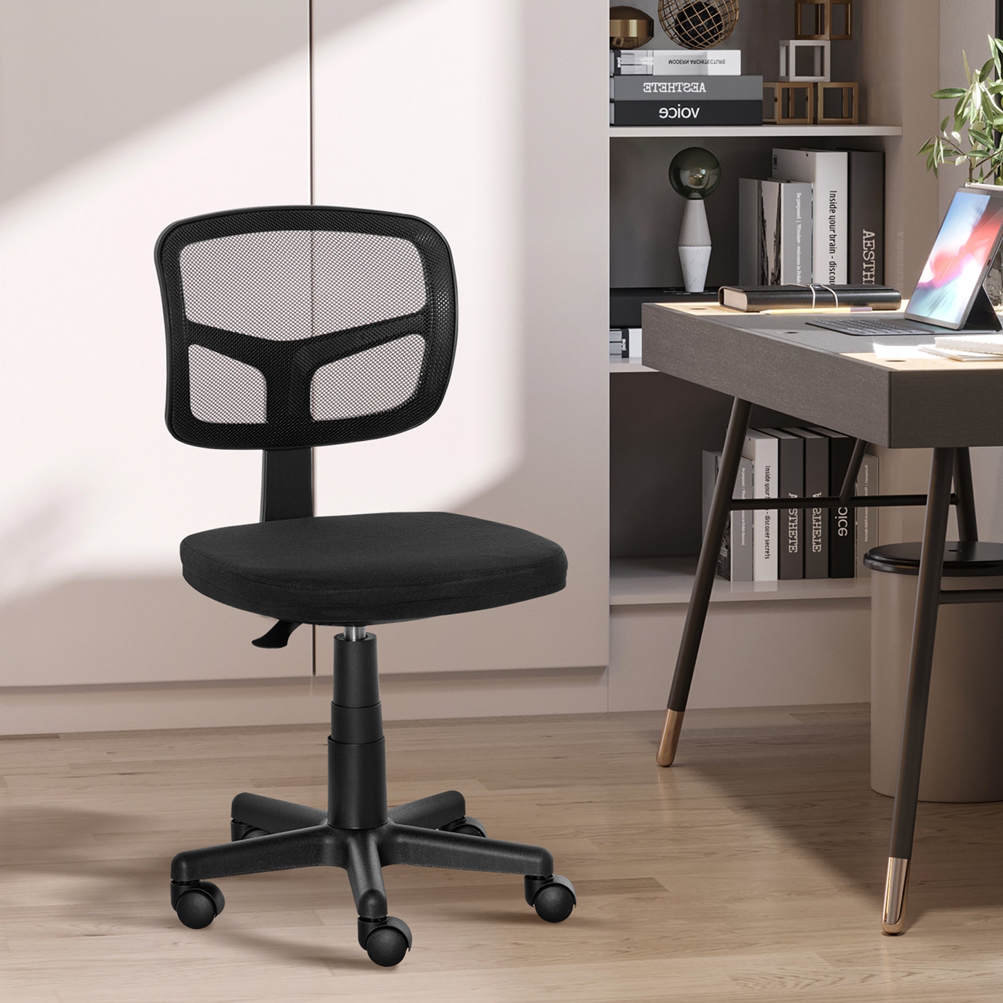 Ergonomic Mesh Office Chair 360° Swivel Desk Chair with Adjustable Height Breathable Lumbar Support and Armless Wheels 43x48x77.5-89.5 cm Black