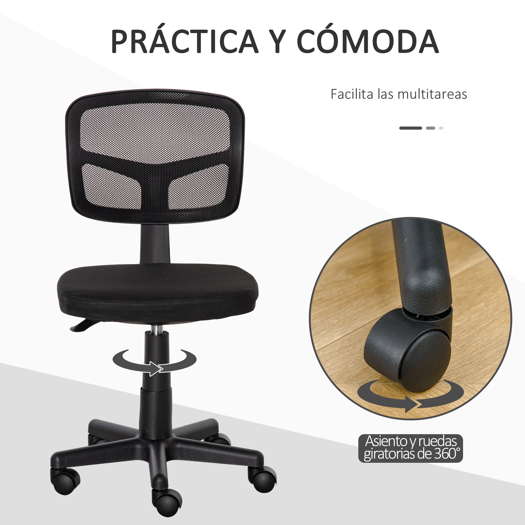 Ergonomic Mesh Office Chair 360° Swivel Desk Chair with Adjustable Height Breathable Lumbar Support and Armless Wheels 43x48x77.5-89.5 cm Black