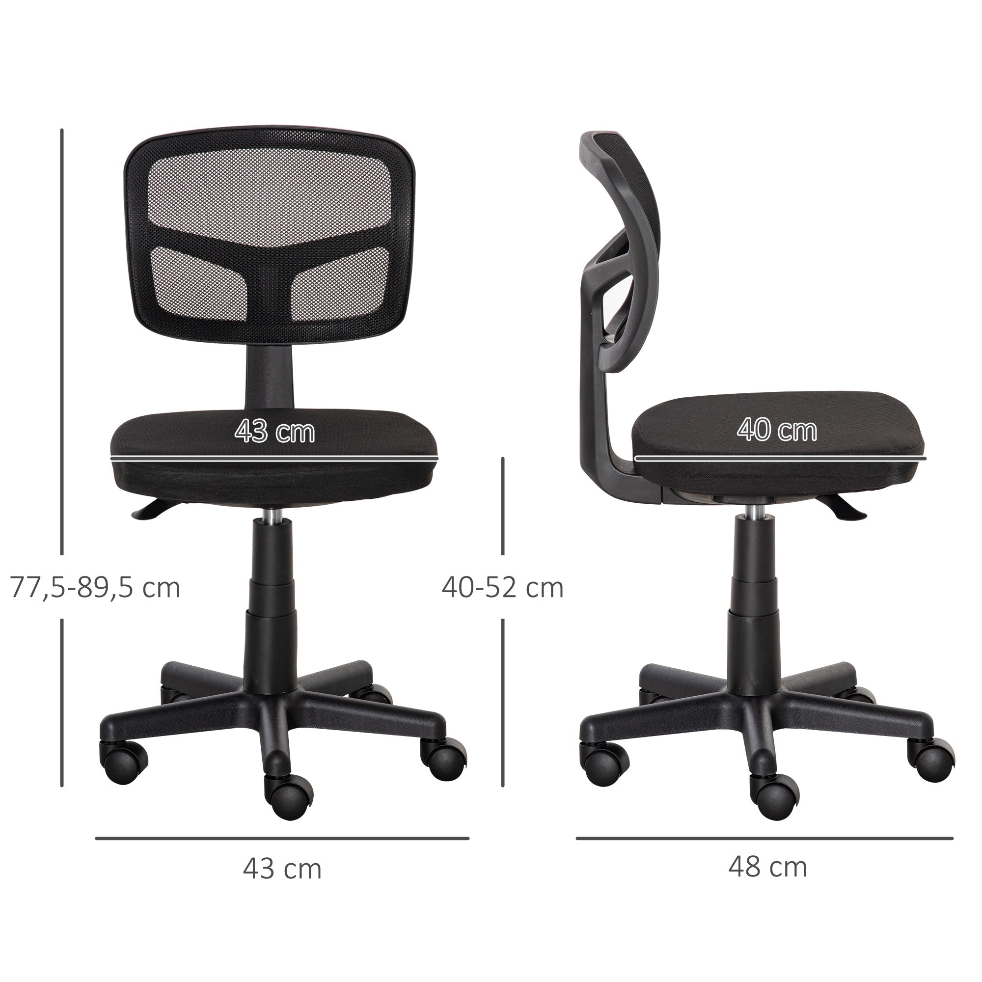 Ergonomic Mesh Office Chair 360° Swivel Desk Chair with Adjustable Height Breathable Lumbar Support and Armless Wheels 43x48x77.5-89.5 cm Black