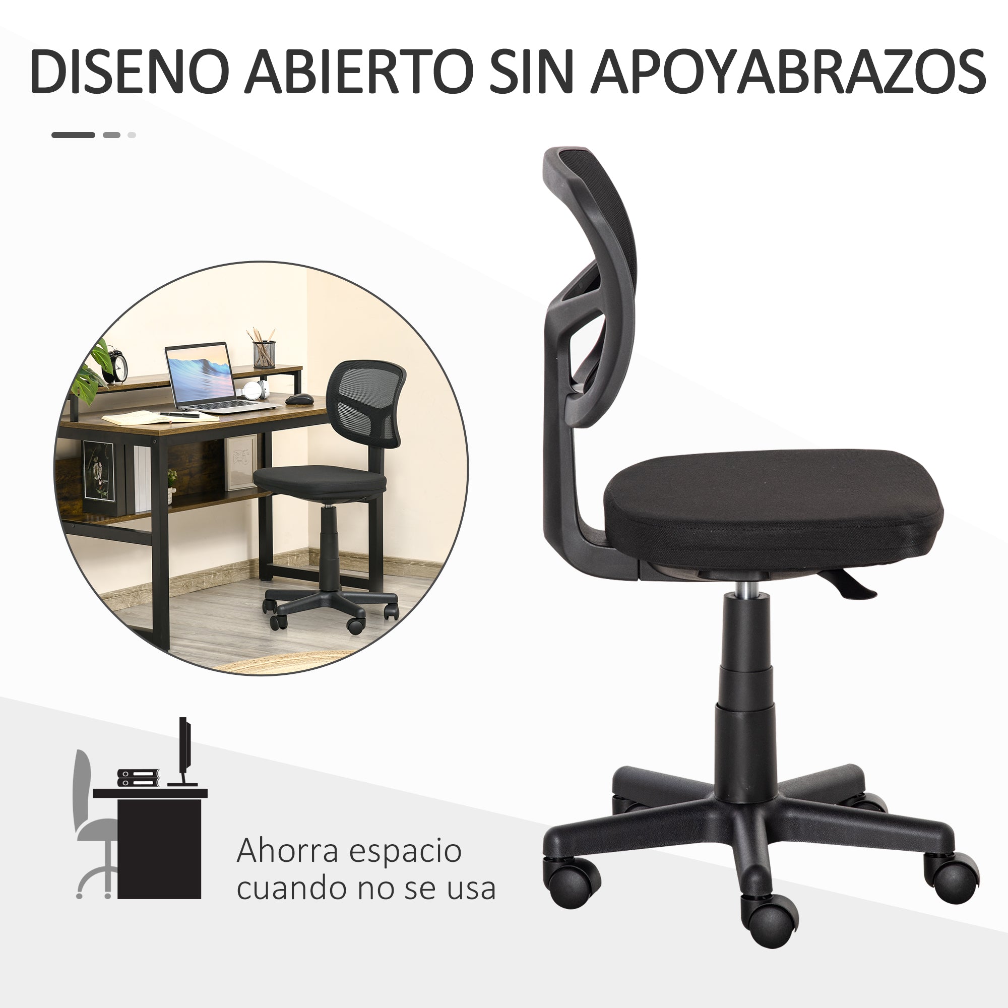 Ergonomic Mesh Office Chair 360° Swivel Desk Chair with Adjustable Height Breathable Lumbar Support and Armless Wheels 43x48x77.5-89.5 cm Black