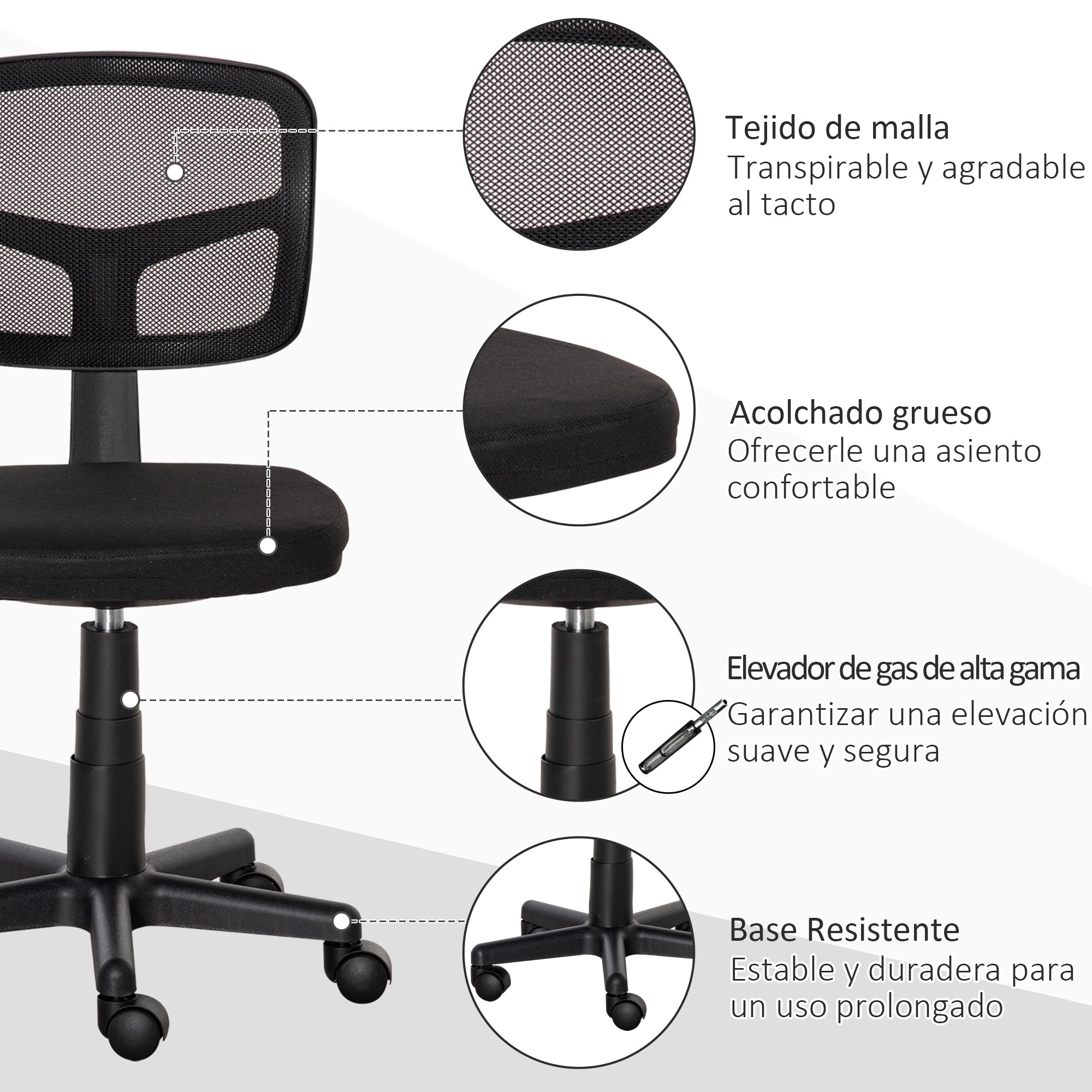 Ergonomic Mesh Office Chair 360° Swivel Desk Chair with Adjustable Height Breathable Lumbar Support and Armless Wheels 43x48x77.5-89.5 cm Black