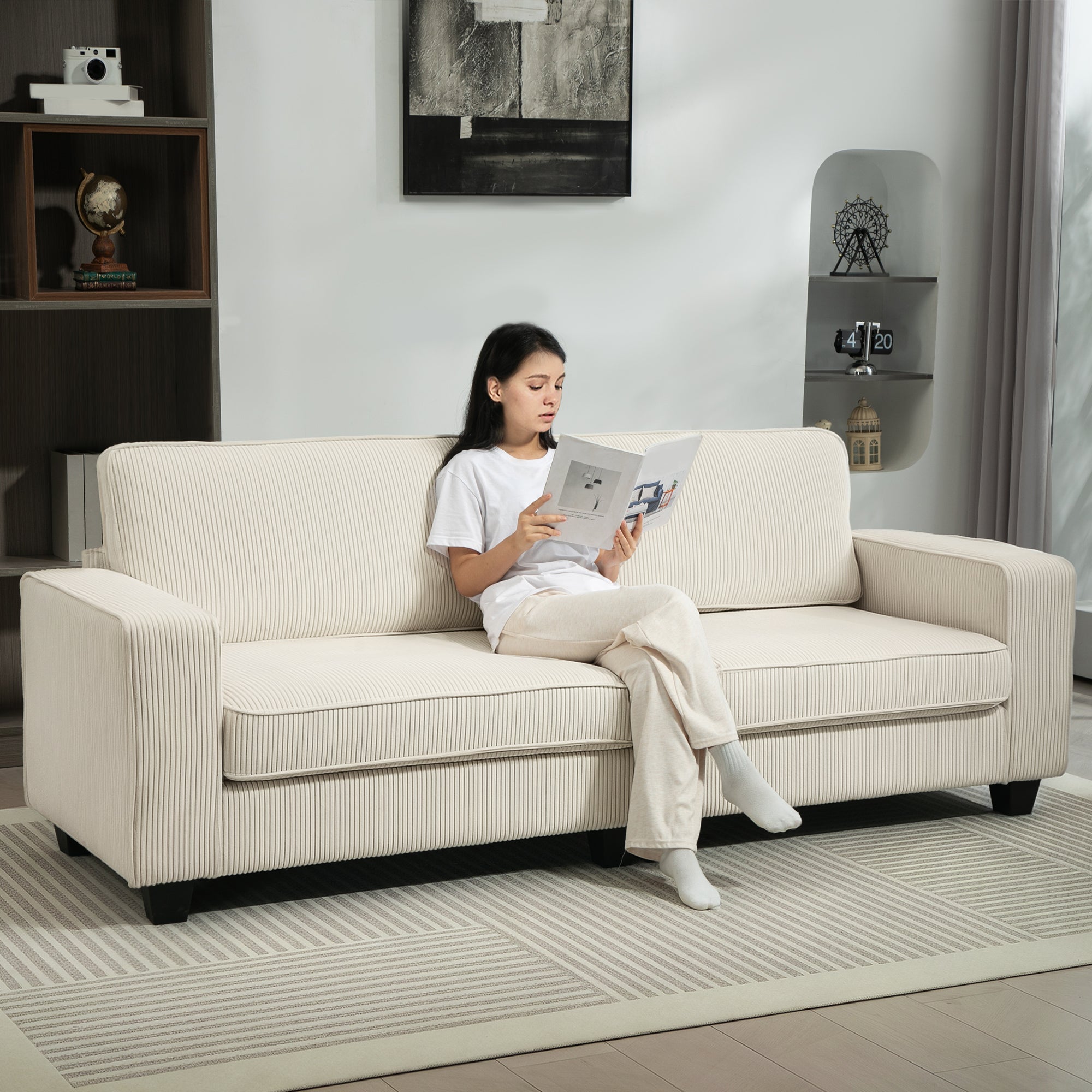 3-Seater Sofa, Couch with Armrests, Back Cushions, Living Room Sofa with Corduroy Cover, Spring Core, Upholstered Sofa for Living Room, Bedroom 227 x 84 x 87 cm, Cream