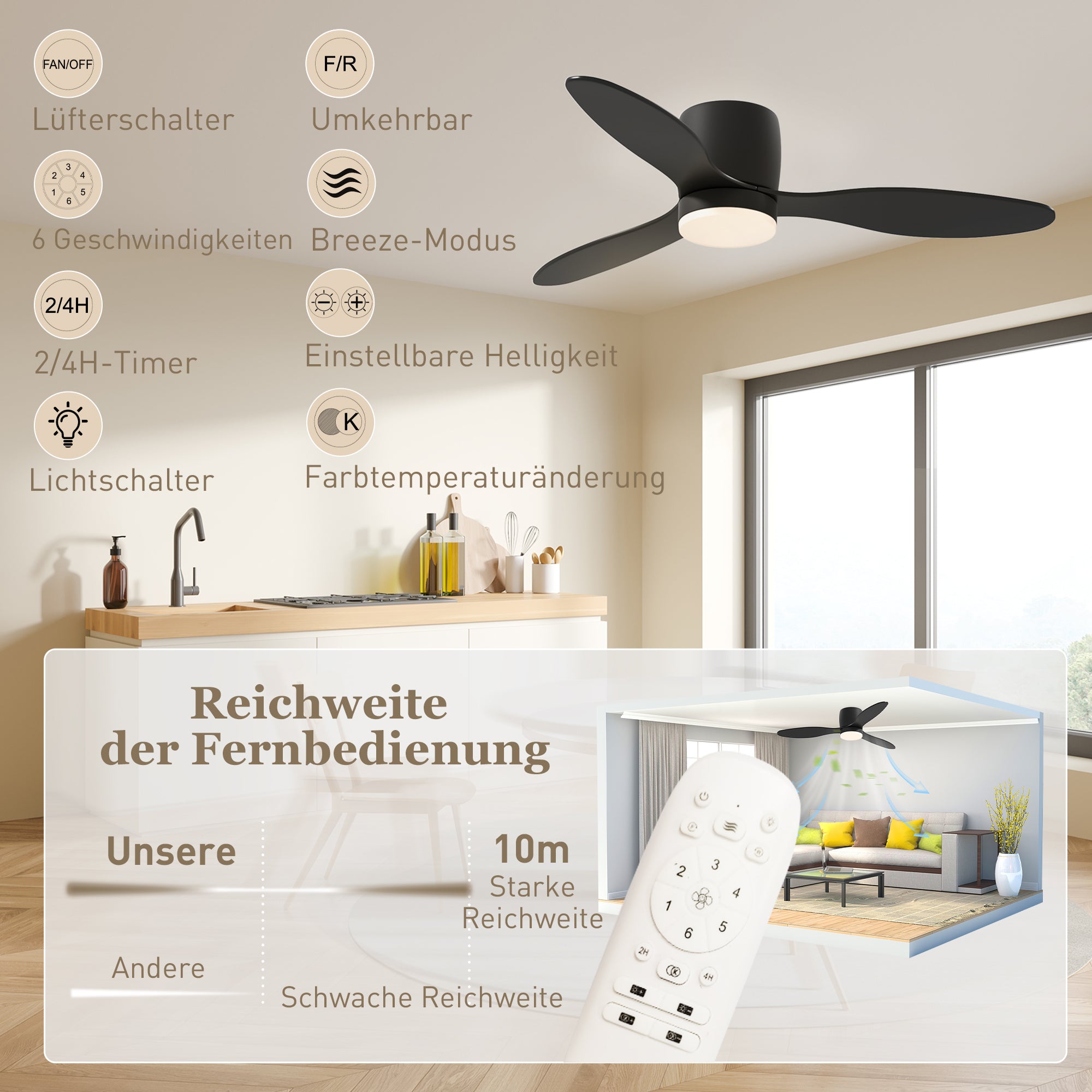 Ceiling Fan with Lighting and Remote Control 115 cm Fan with LED Lamp, Reversible DC Motor, 3 ABS Blades, 3 Light Colors, 6 Speeds, Timer, for Bedroom Living Room