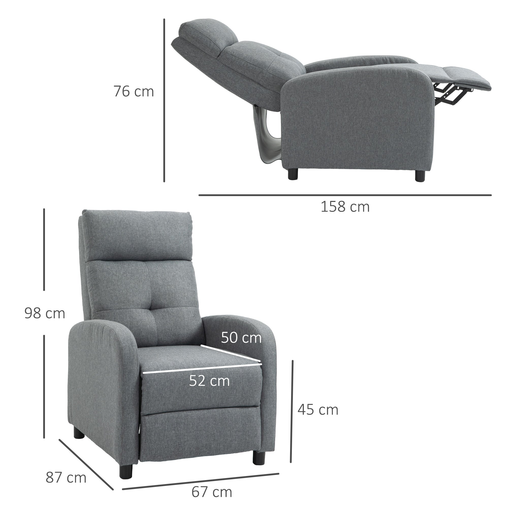 Reclining Armchair, TV Armchair with Reclining Function, TV Armchair with Linen Look, Upholstered Recliner with Pocket Spring Core, Relaxing Armchair up to 150 kg Load Capacity for Living Room, Gray