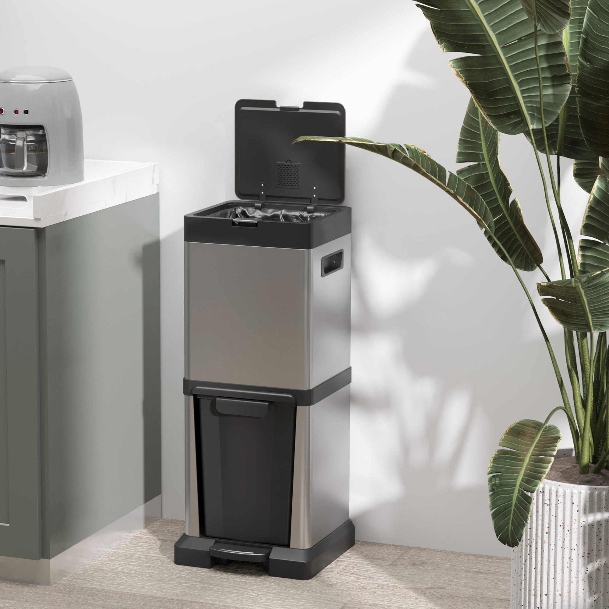 Dual-Compartment Trash Can 20L+14L — Stainless Steel Pedal Bin with Soft-Close Lid & Removable Inner Buckets, Silver (12.8 x 12.4 x 30.7 in)