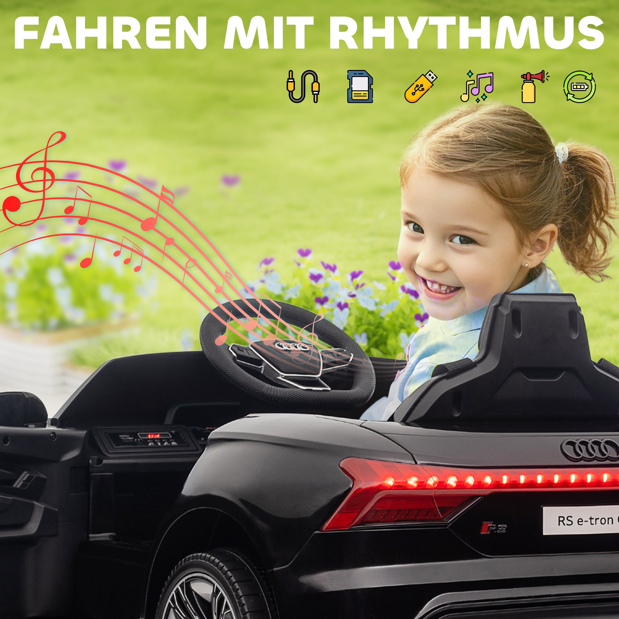 Children's Electric Car, Kids Car with Remote Control, AUDI RS e-tron GT Kids Vehicle with Safety Belt, Horn & Music & Headlights, up to 5 km/h, for Kids 3-5 Years, Black