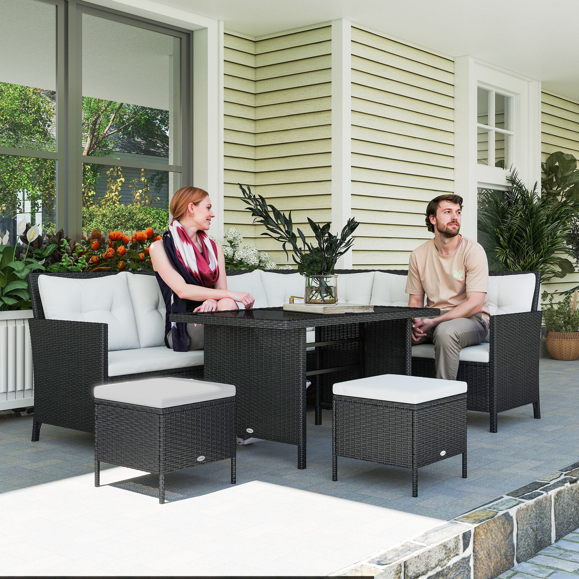18 pcs Seating Group Lounge Garden Furniture Set Sofa Set Rattan Outdoor Patio Set, Black+Cream White