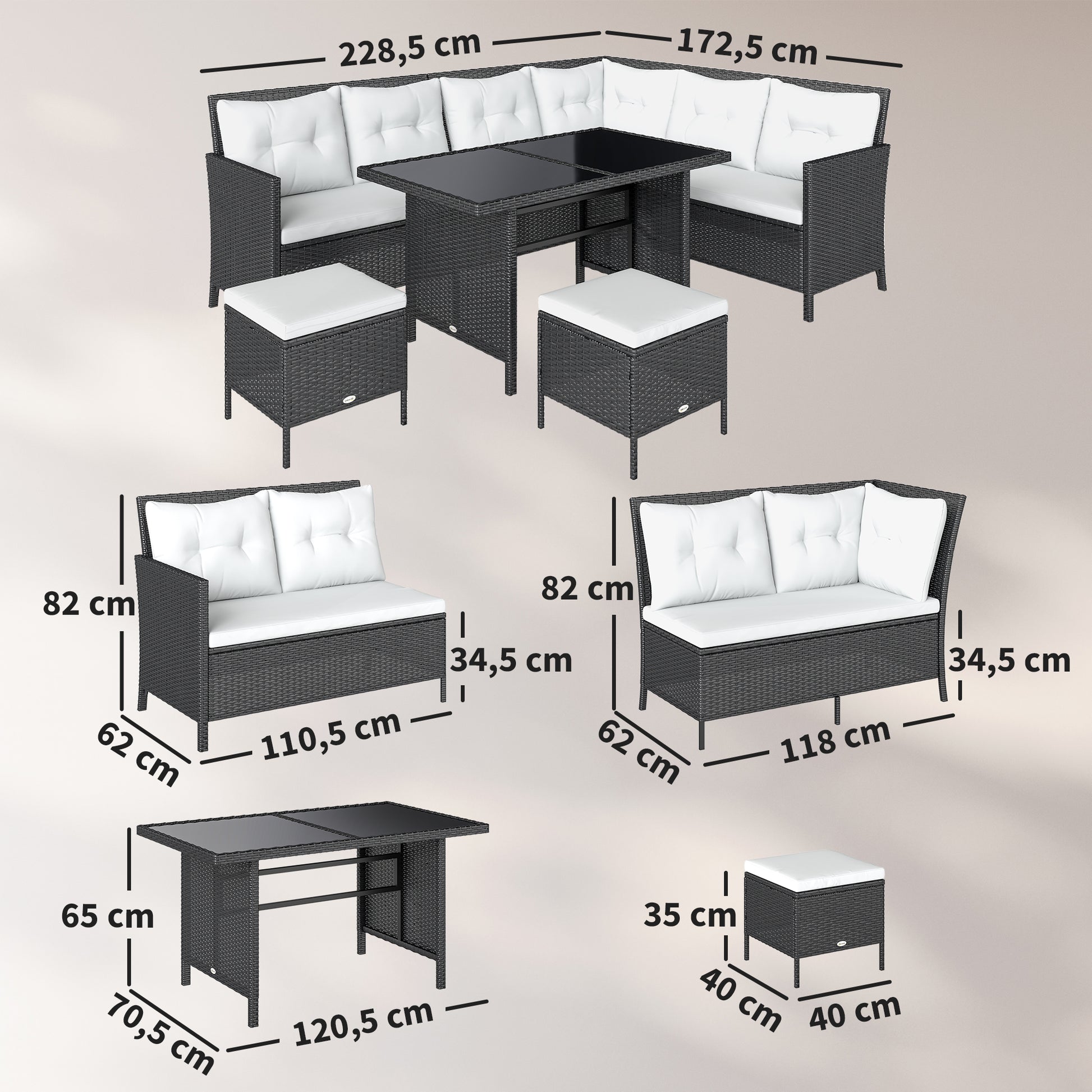 18 pcs Seating Group Lounge Garden Furniture Set Sofa Set Rattan Outdoor Patio Set, Black+Cream White
