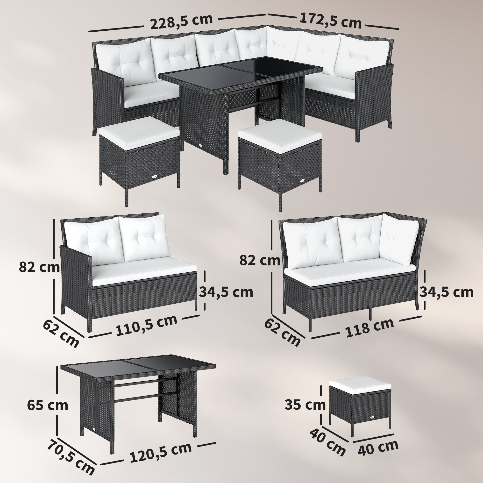 18 pcs Seating Group Lounge Garden Furniture Set Sofa Set Rattan Outdoor Patio Set, Black+Cream White