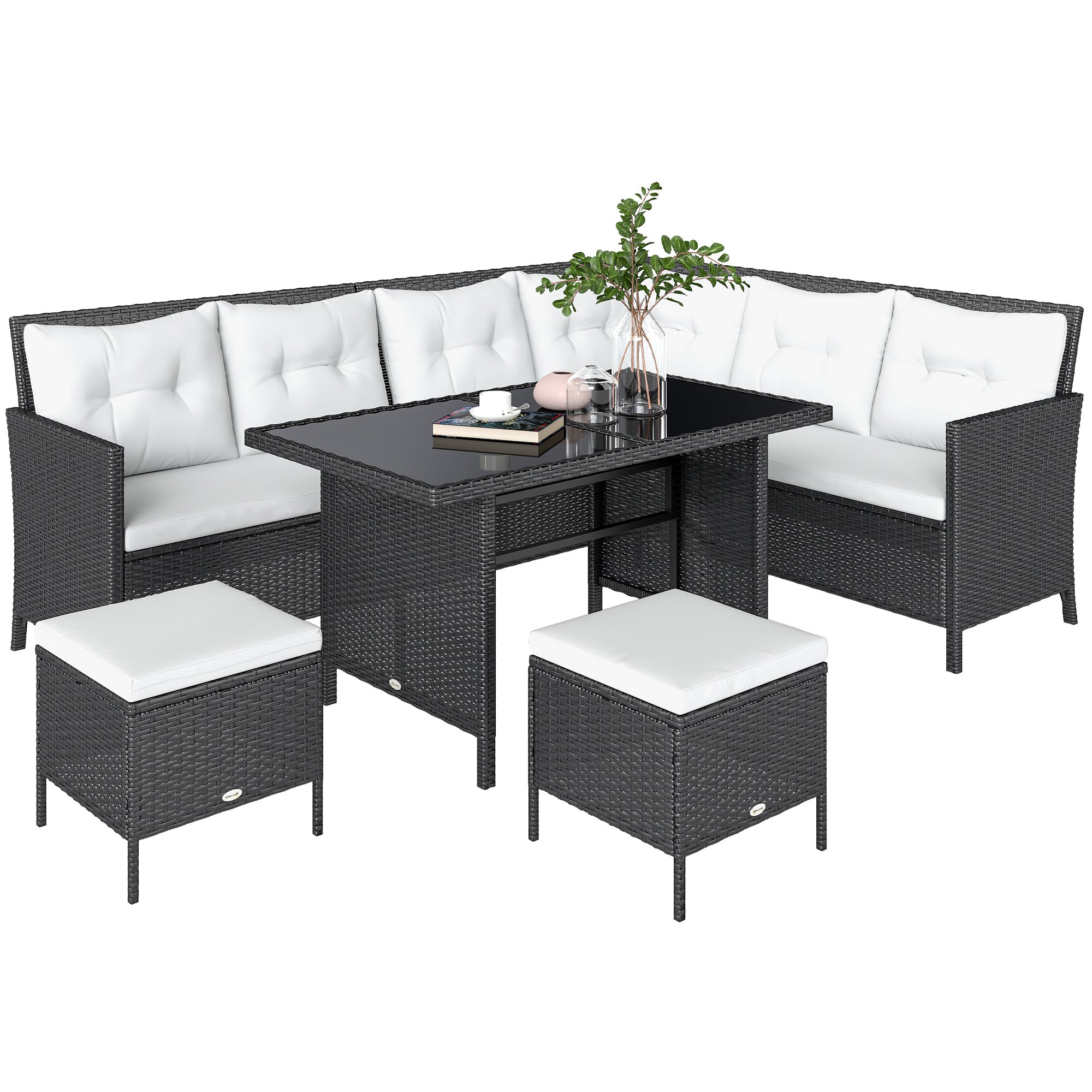 18 pcs Seating Group Lounge Garden Furniture Set Sofa Set Rattan Outdoor Patio Set, Black+Cream White