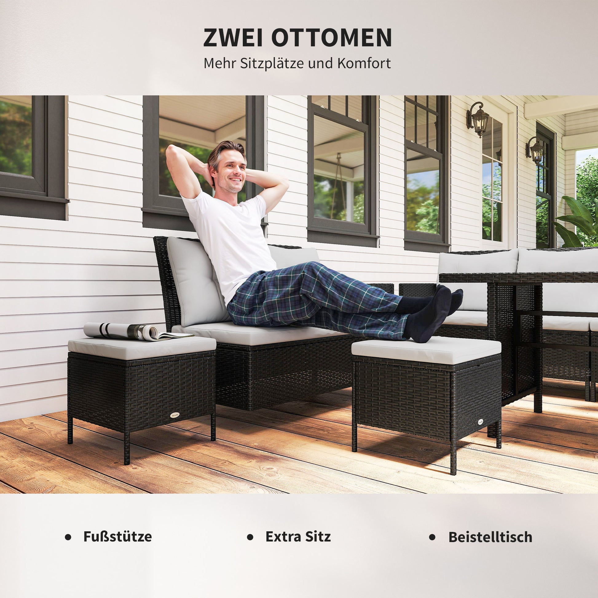 18 pcs Seating Group Lounge Garden Furniture Set Sofa Set Rattan Outdoor Patio Set, Black+Cream White