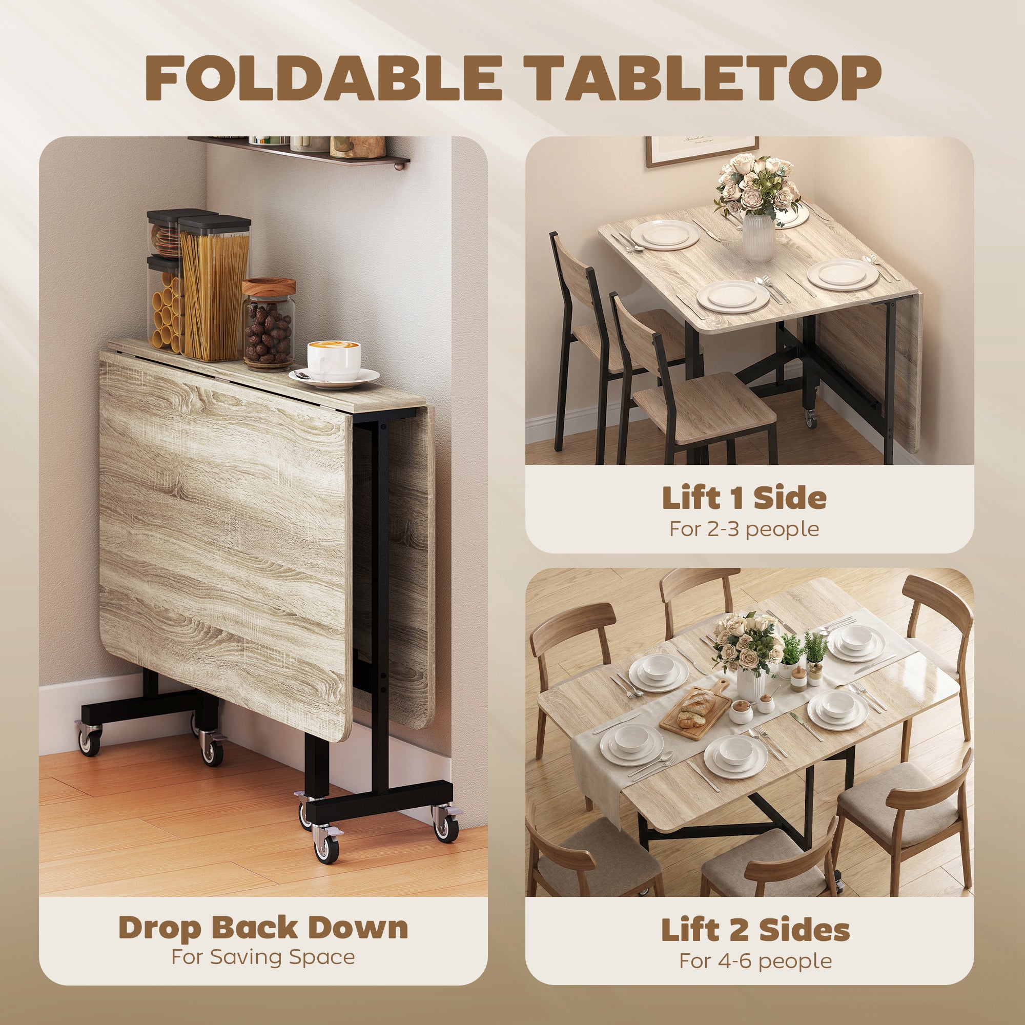 Folding Dining Table for 4–6 with Wheels, Steel Legs, Mobile Foldable Table for Small Spaces, Kitchen & Dining, 120 x 80 x 73 cm, Oak