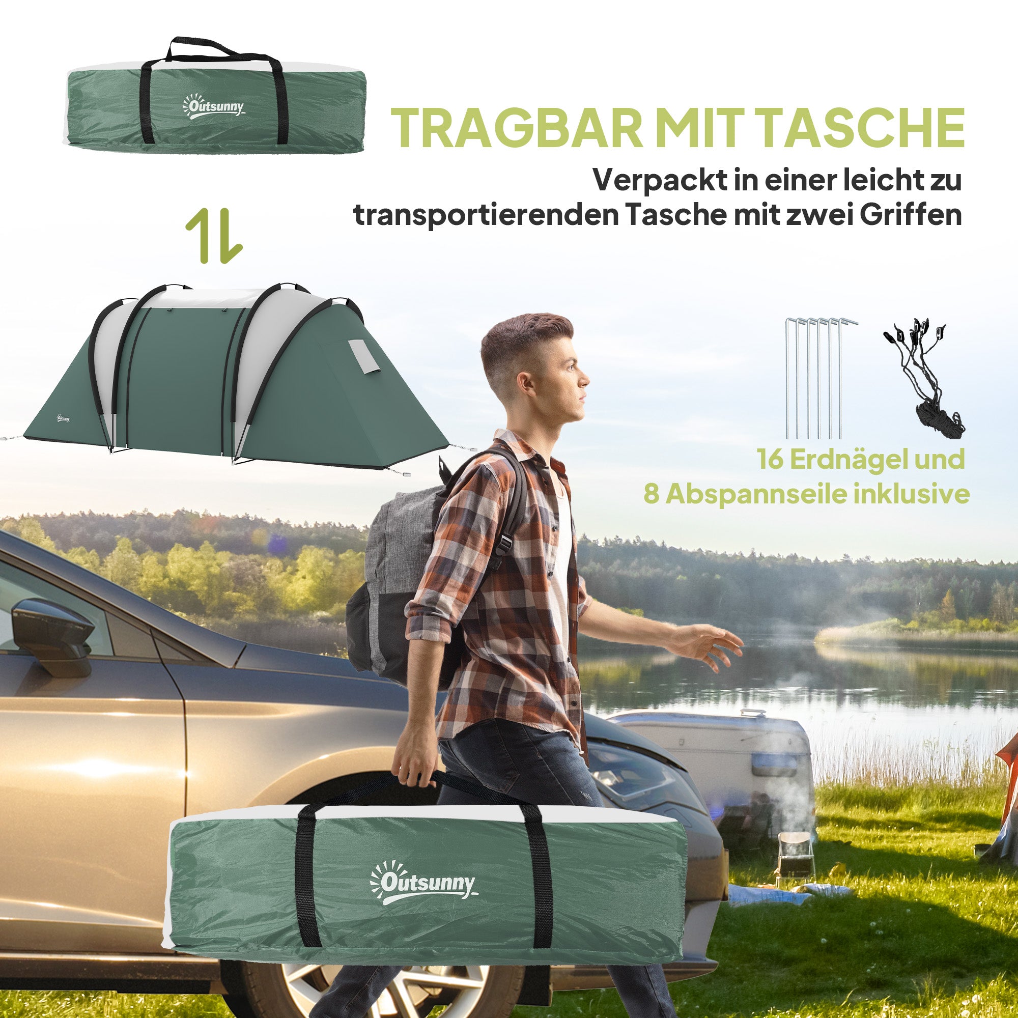 Camping Tent for 4-5 Persons Light Waterproof Family Tent with 2 Rooms Side Door Windows, Tent with 3000mm Water Column Tunnel Dome Tent for Camping Travel Garden