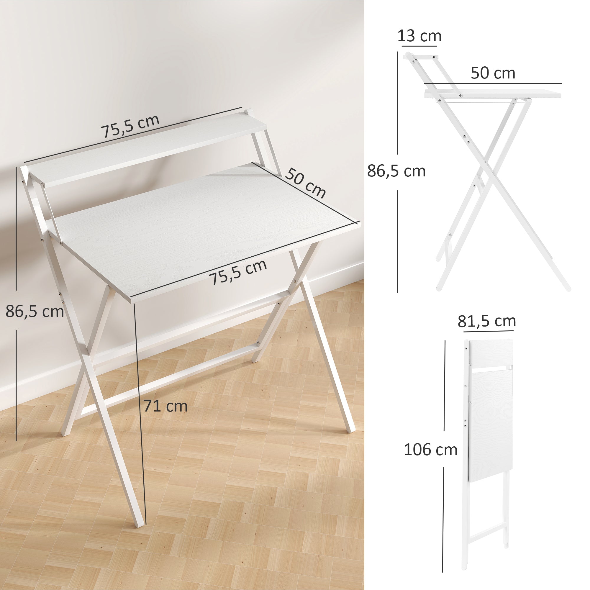 Folding Computer Desk 75.5 x 50 cm with Storage Shelf, Writing Table for Bedroom, Small Spaces, White