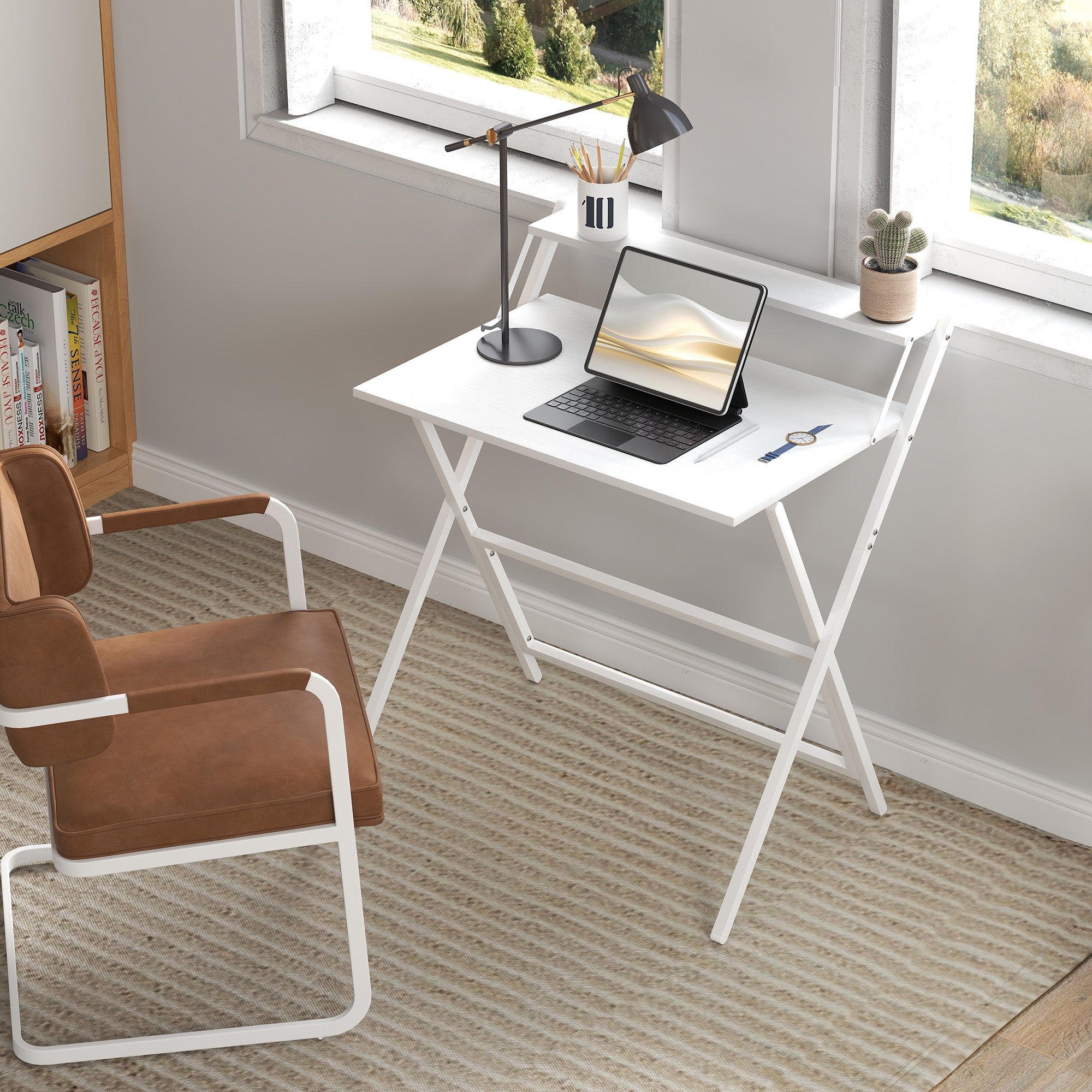Folding Computer Desk 75.5 x 50 cm with Storage Shelf, Writing Table for Bedroom, Small Spaces, White