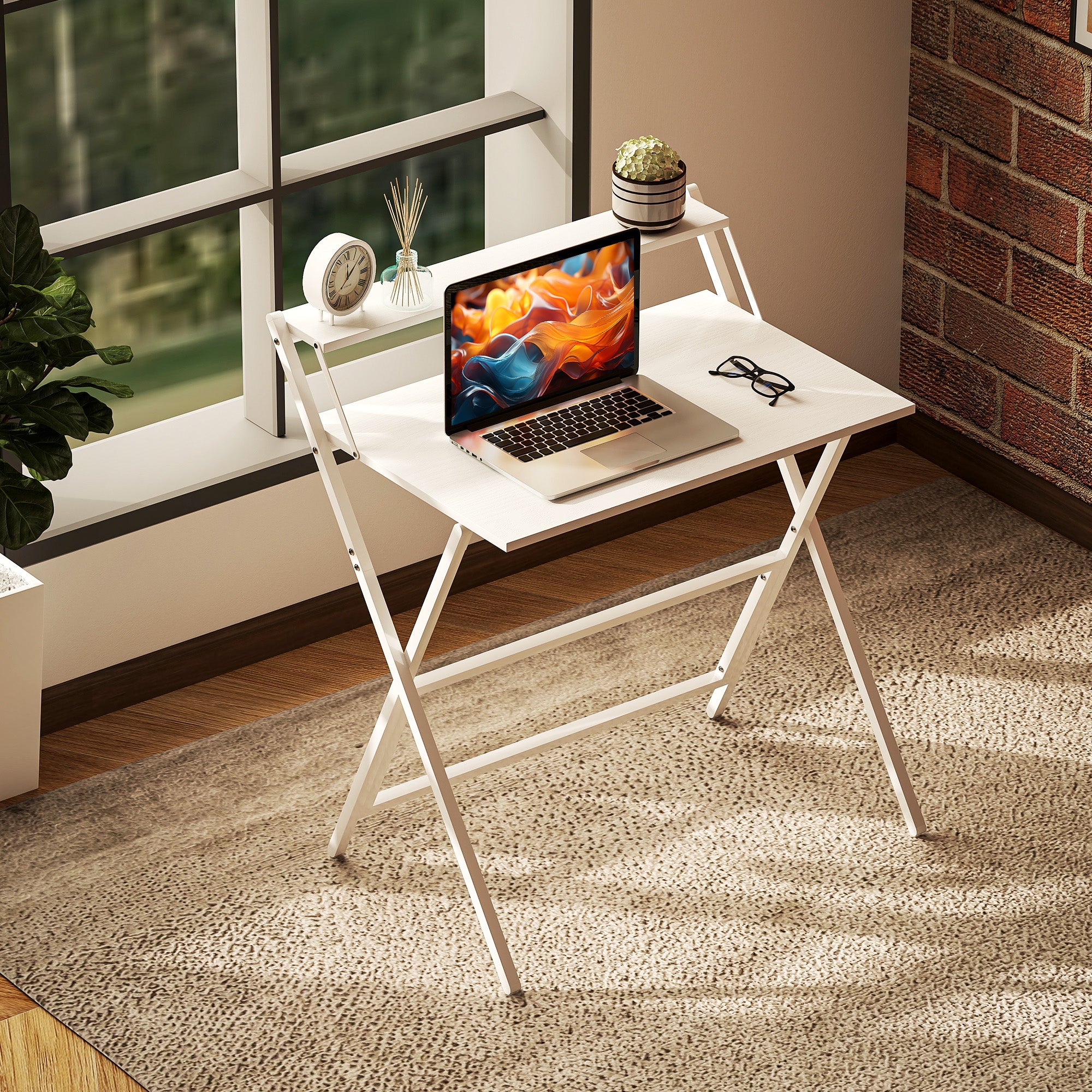 Folding Computer Desk 75.5 x 50 cm with Storage Shelf, Writing Table for Bedroom, Small Spaces, White